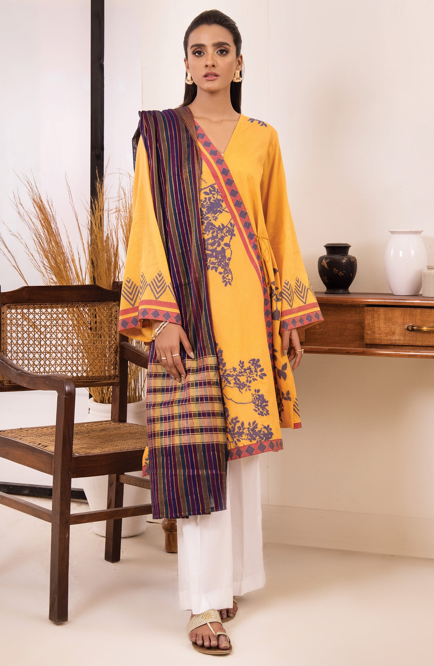 otl-21-158-u-yellow unstitched 2 Piece Printed winter Jacquard Shirt and Fancy dupatta 