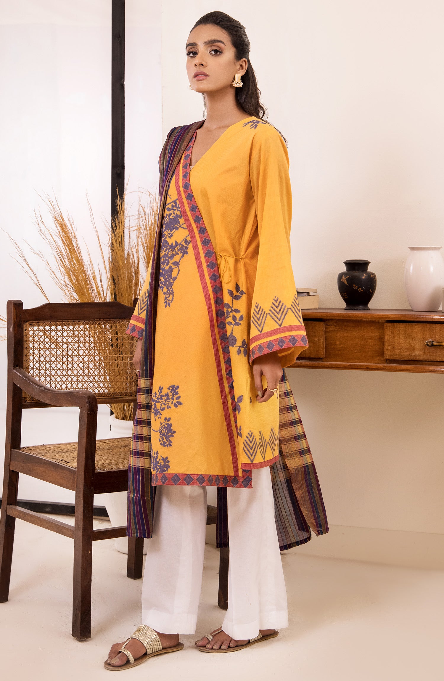 otl-21-158-u-yellow unstitched 2 Piece Printed winter Jacquard Shirt and Fancy dupatta 