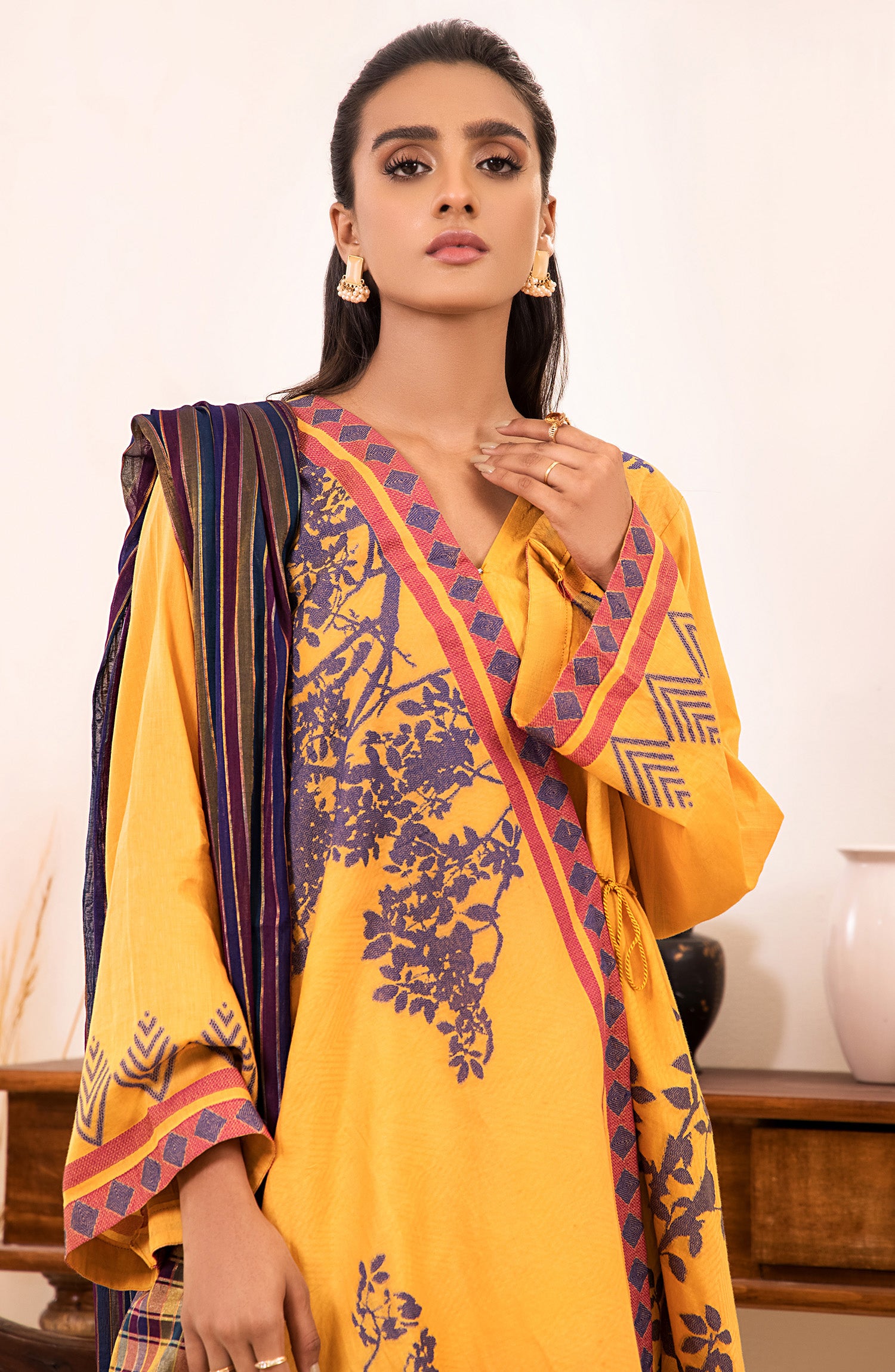otl-21-158-u-yellow unstitched 2 Piece Printed winter Jacquard Shirt and Fancy dupatta 