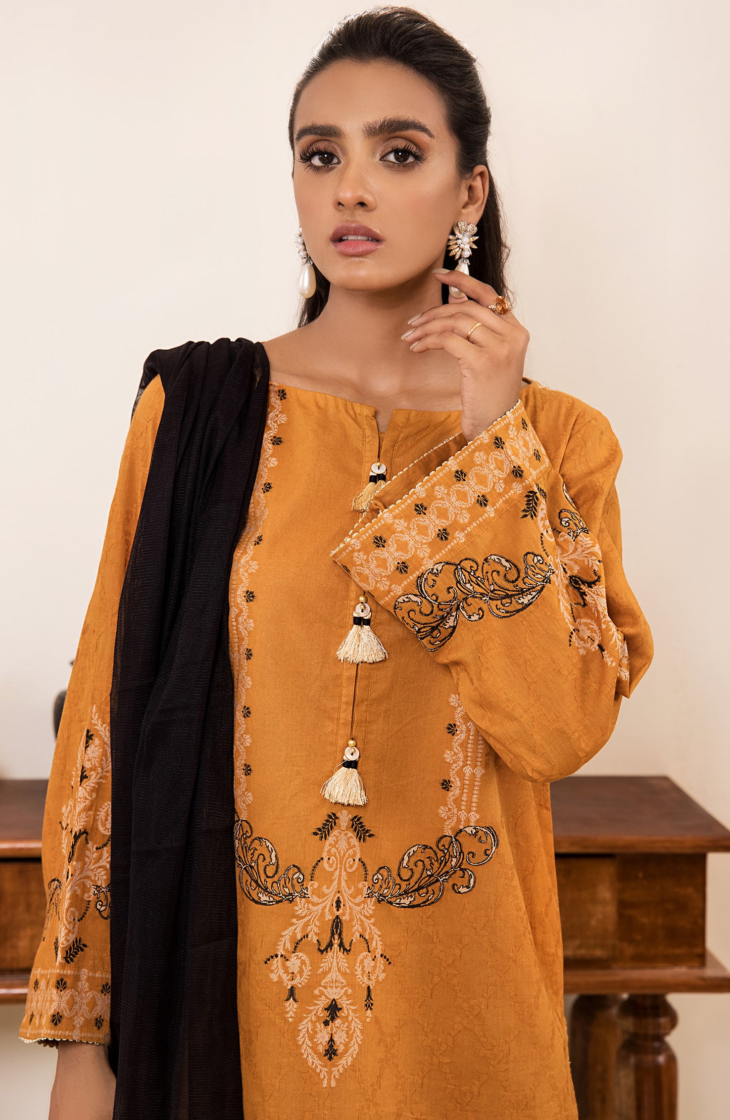 otl-21-151-u-mustard Unstitched 2 Piece Printed Winter Jacquard Shirt and Fancy Dupatta 
