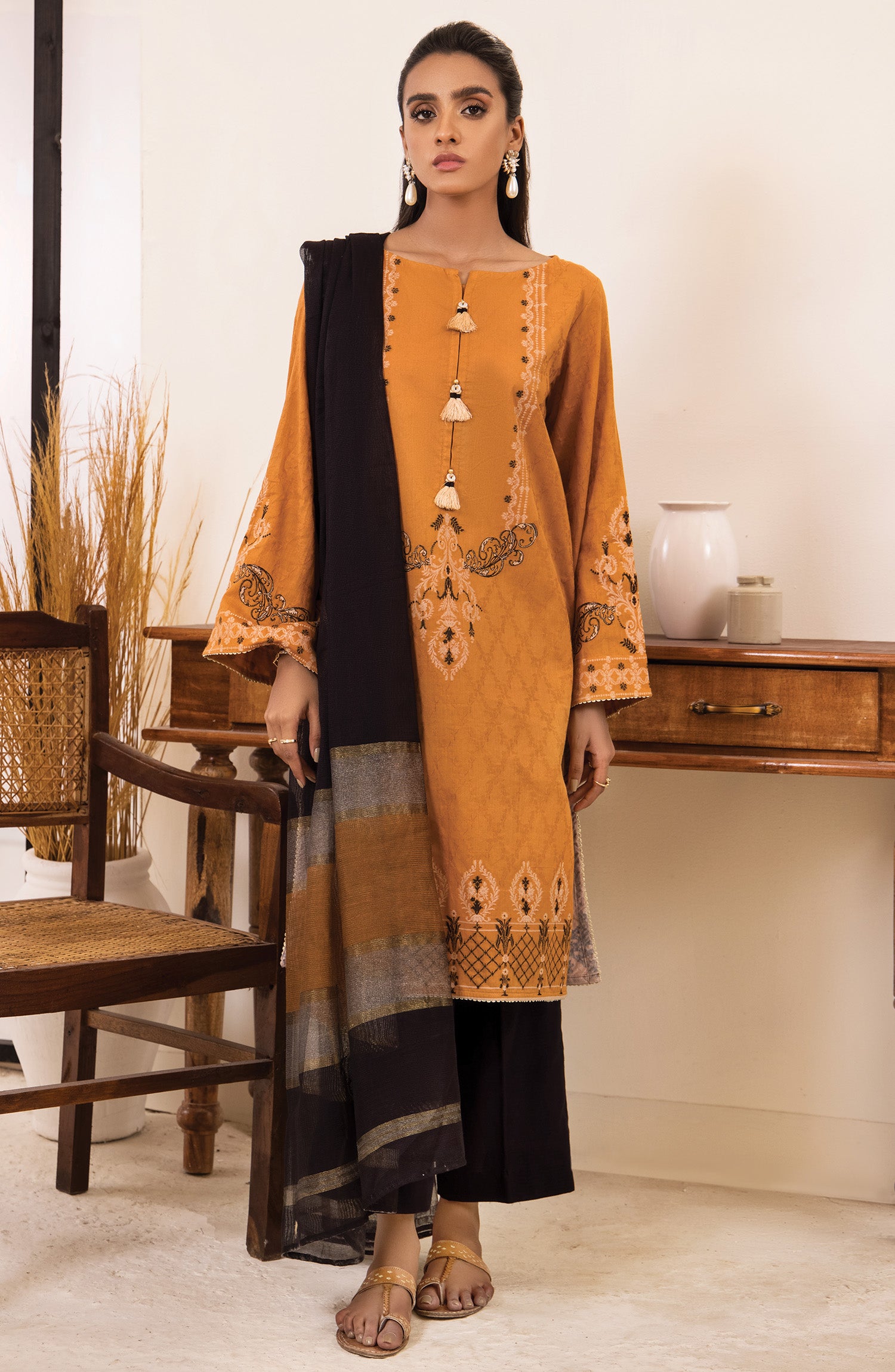 otl-21-151-u-mustard Unstitched 2 Piece Printed Winter Jacquard Shirt and Fancy Dupatta 