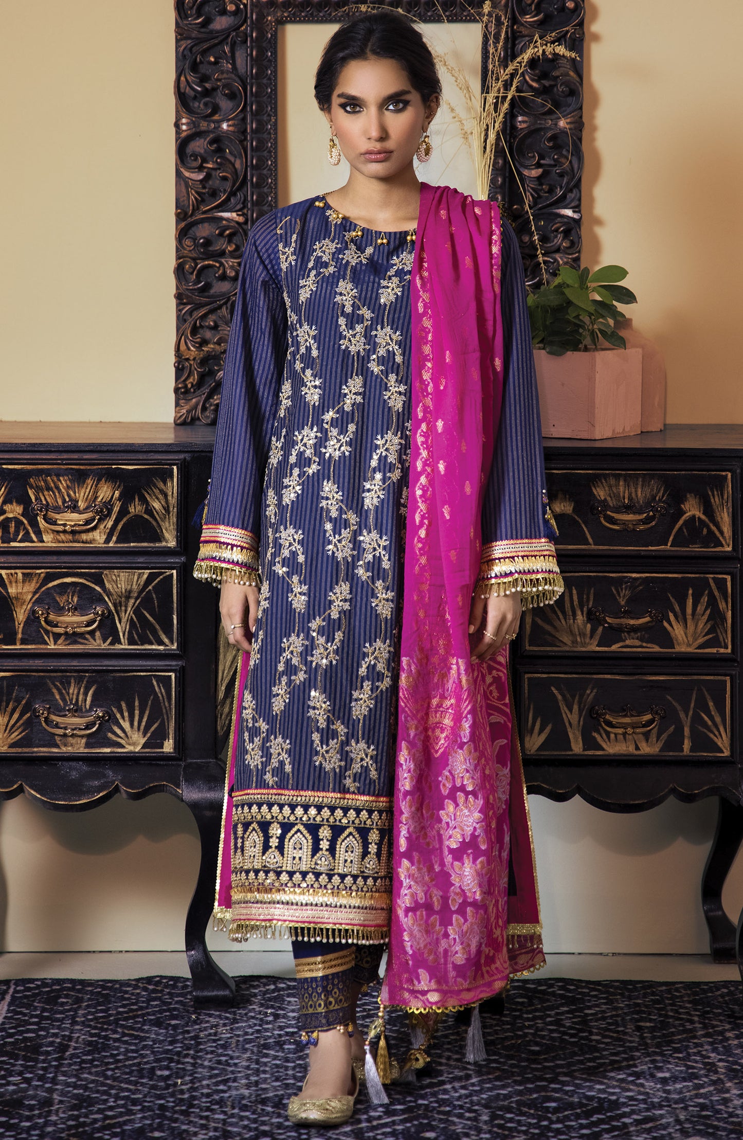 OTL-21-083/U NAVY MAYSURI LAWN  UNSTITCHED SHIRT DUPATTA PANTS