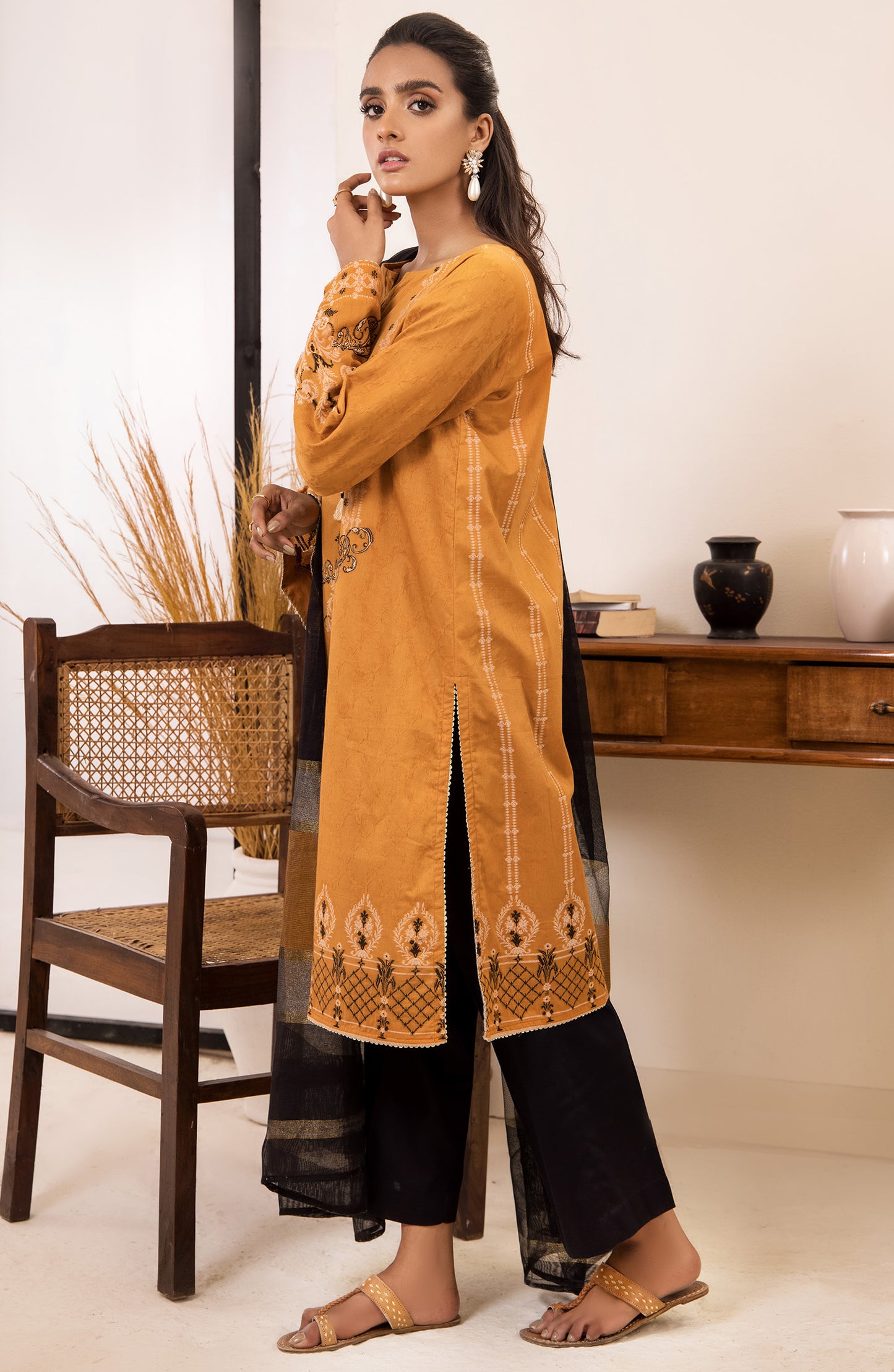 otl-21-151-u-mustard Unstitched 2 Piece Printed Winter Jacquard Shirt and Fancy Dupatta 