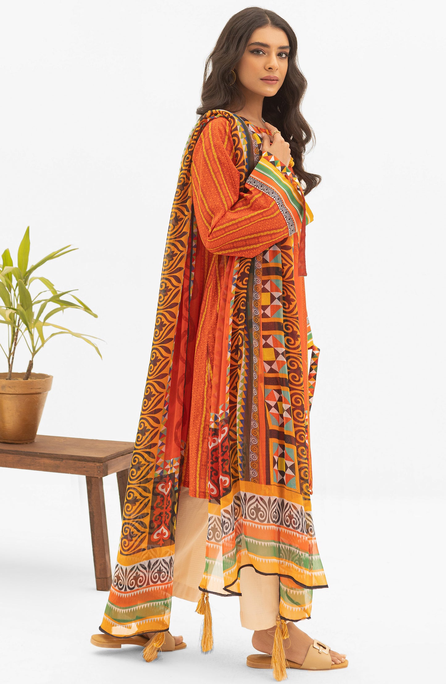 NRDS-22-011/U ORANGE LAWN  UNSTITCHED SHIRT DUPATTA