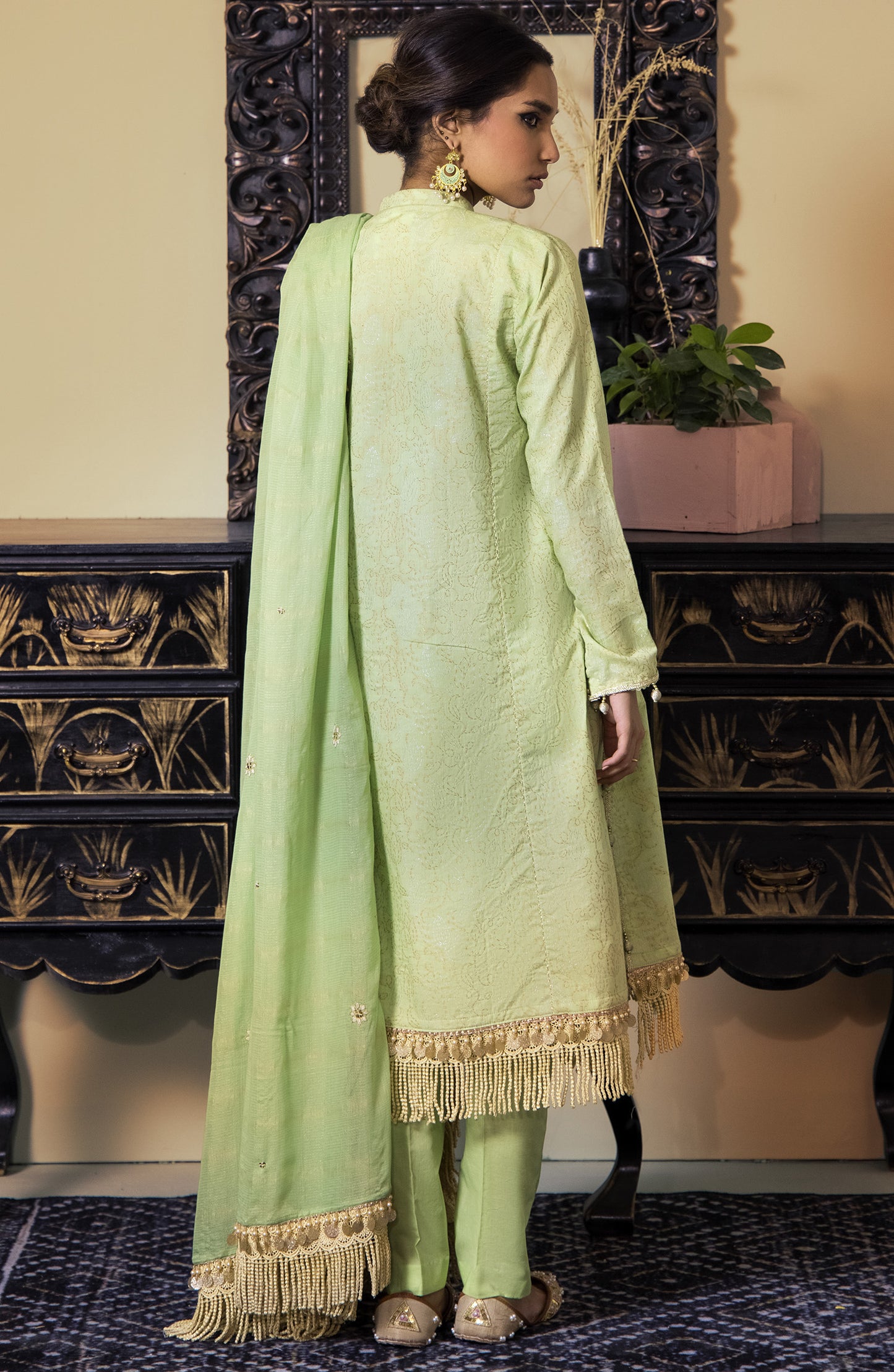 OTL-21-086/U GREEN JACQUARD  UNSTITCHED SHIRT DUPATTA PANTS