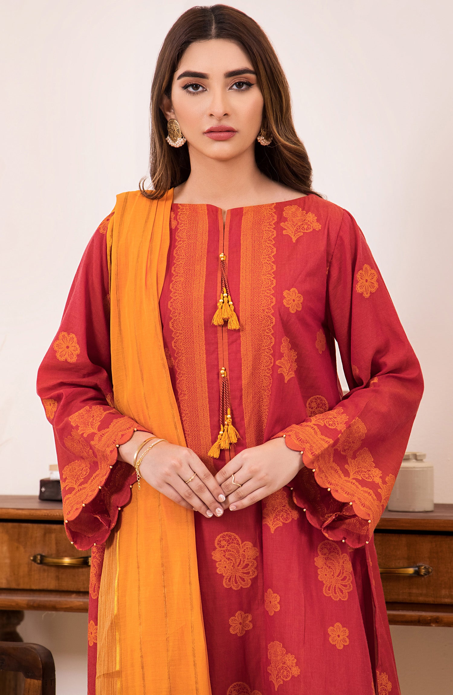 otl-21-152-u-red unstitched 2 Piece printed winter Jacquard Shirt and Fancy Dupatta