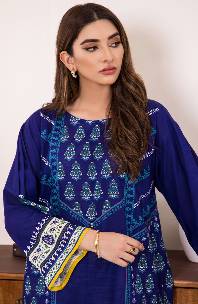 hcs-379-u-blue Unstitched printed khaddar winter shirt 