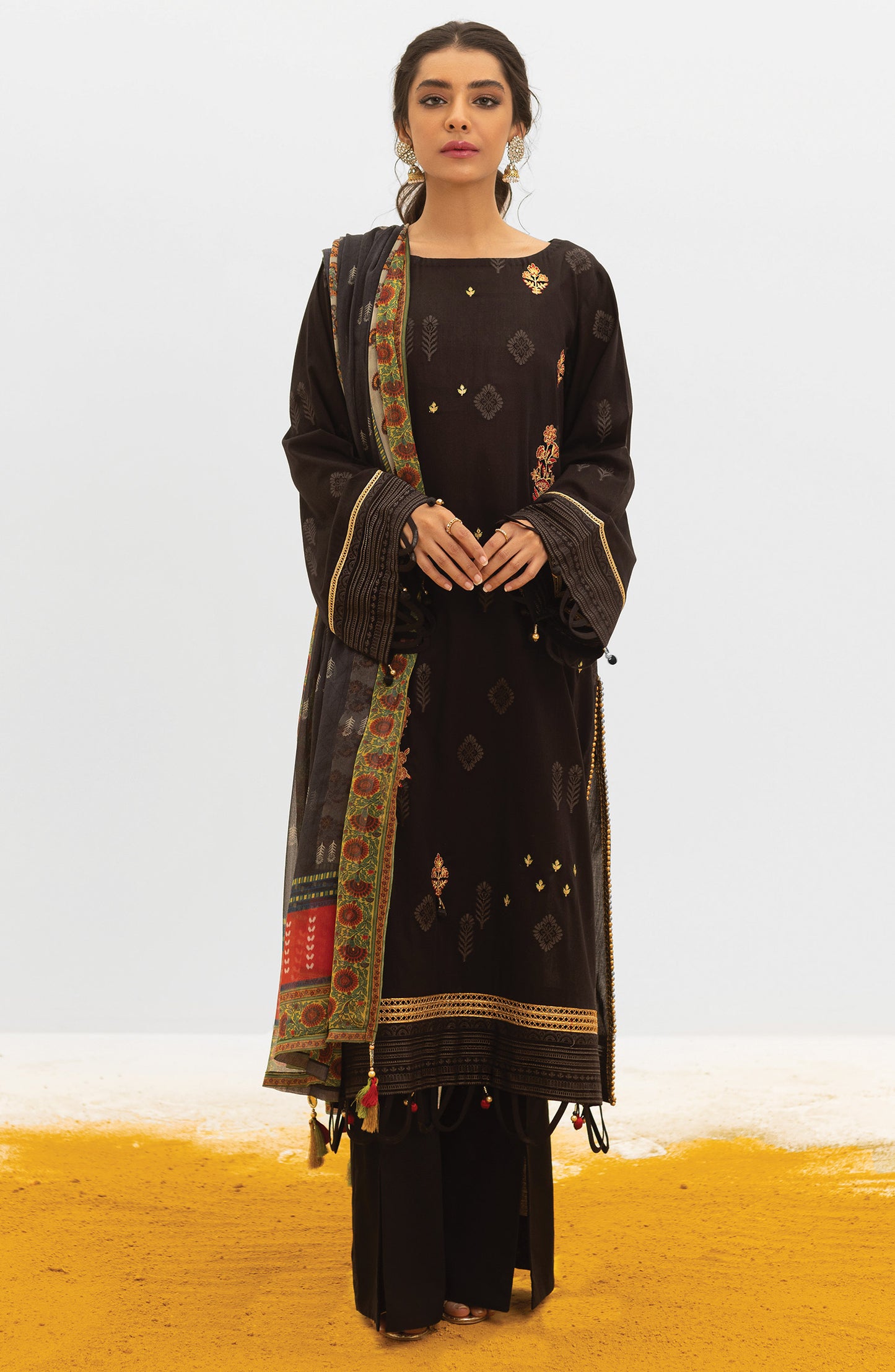 OTL-21-168/U BLACK JACQUARD  UNSTITCHED SHIRT DUPATTA PANTS