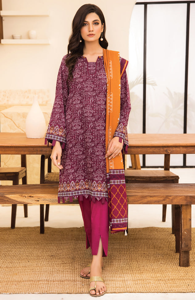 Unstitched 3 Piece Printed Karandi Shirt , Pant and Karandi Shawl Dupatta