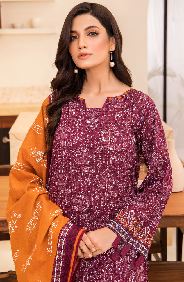Unstitched 3 Piece Printed Karandi Shirt , Pant and Karandi Shawl Dupatta