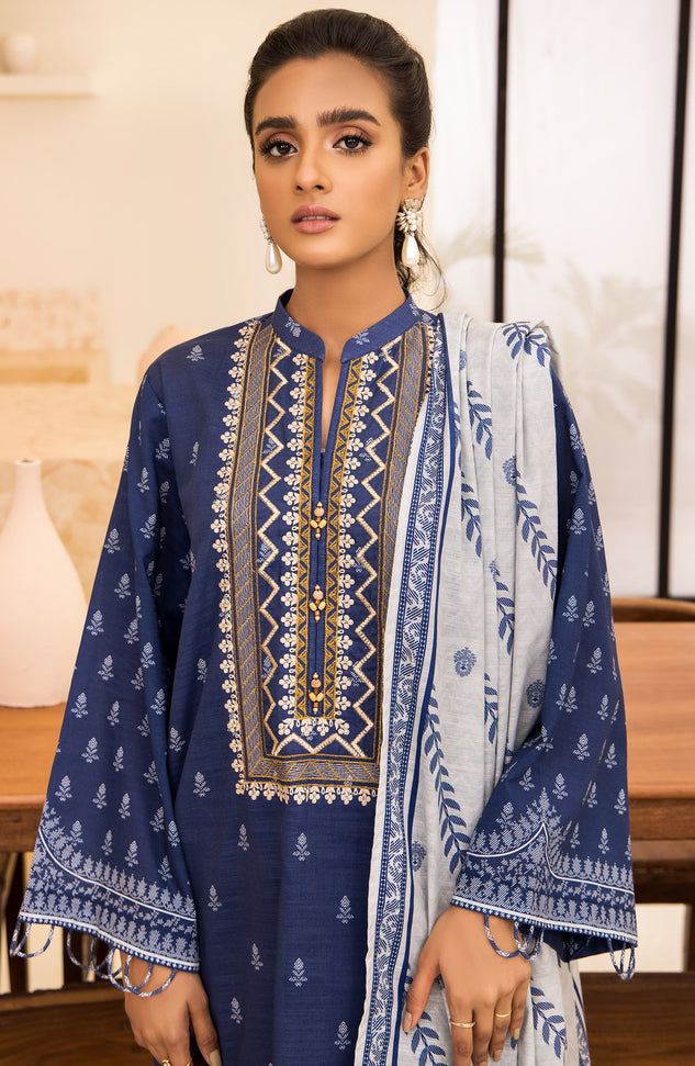 nrds-371-u-blue Unstitched 3 Piece winter Embroidered Khaddar Shirt , Pant and Khaddar Dupatta