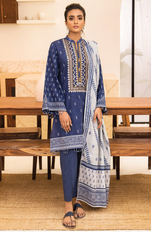 nrds-371-u-blue Unstitched 3 Piece winter Embroidered Khaddar Shirt , Pant and Khaddar Dupatta 