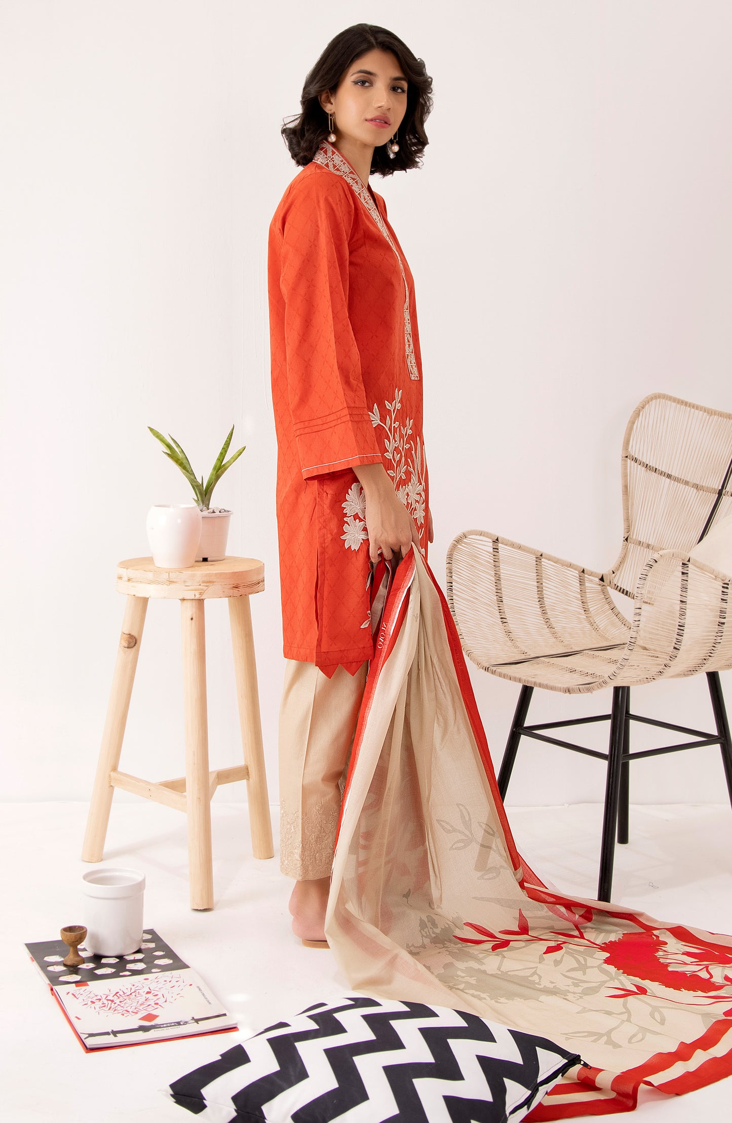 Stitched 2 Piece Embroidered Jacquard Shirt and Lawn Dupatta
