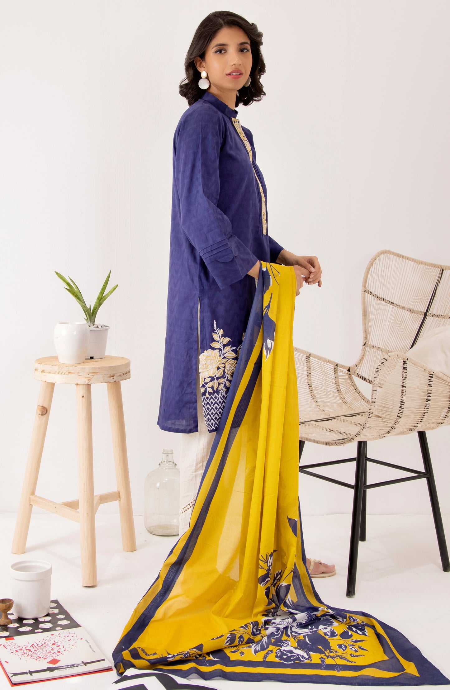 Stitched 2 Piece Embroidered Jacquard Shirt and Lawn Dupatta
