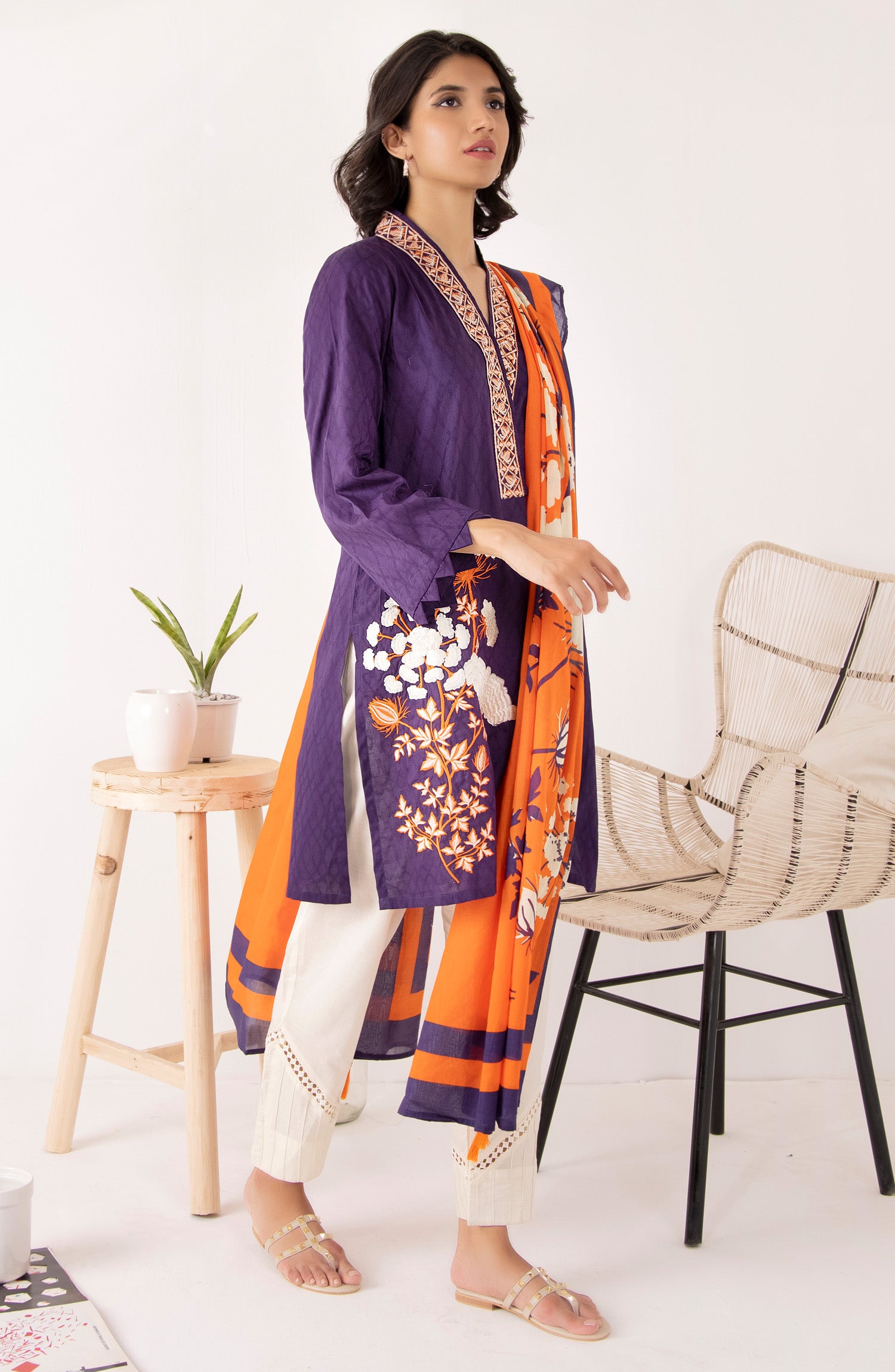 Stitched 2 Piece Embroidered Jacquard Shirt and Lawn Dupatta (NRDS-206/S PURPLE)