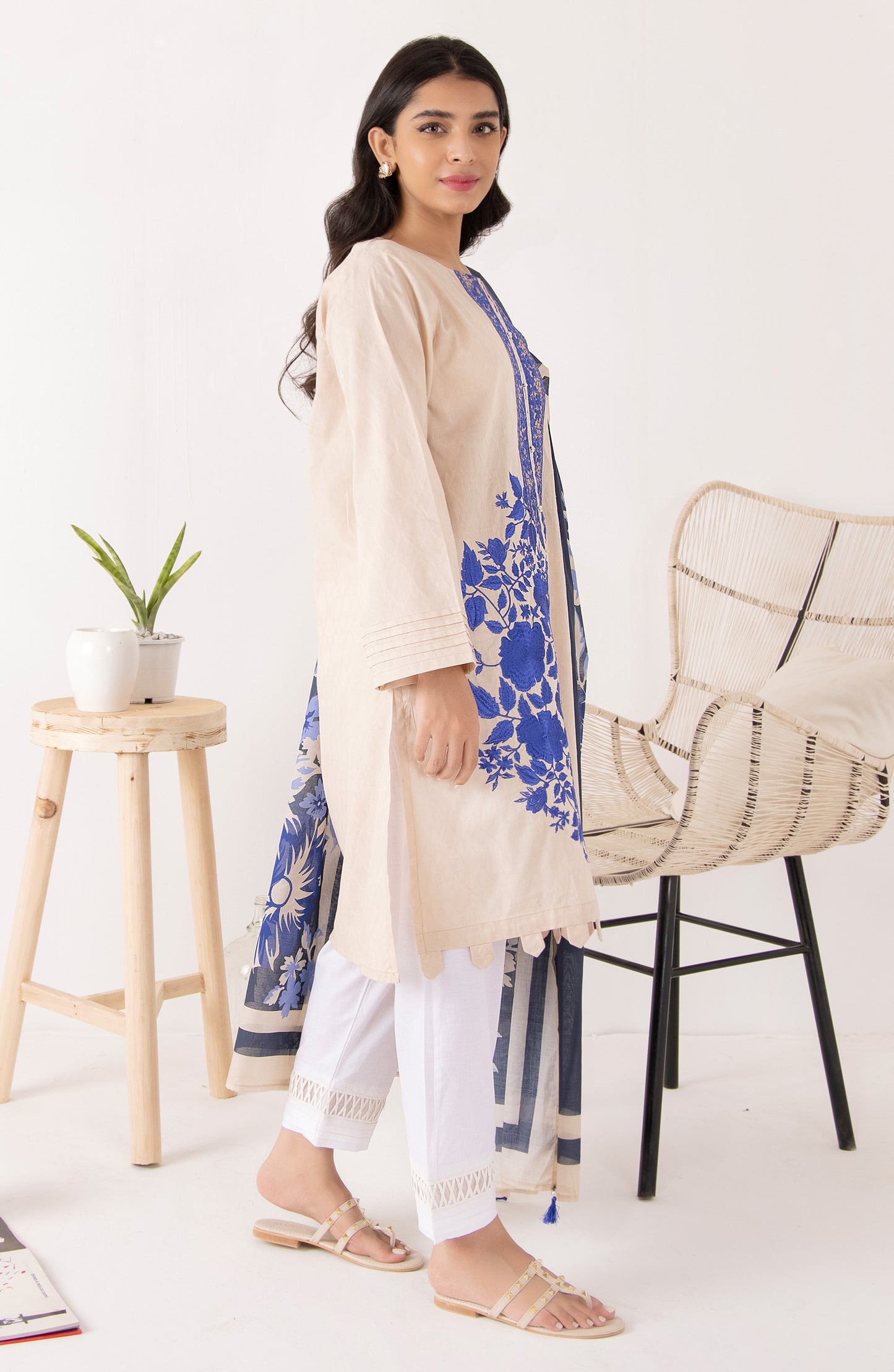 Stitched 2 Piece Embroidered Jacquard Shirt and Lawn Dupatta