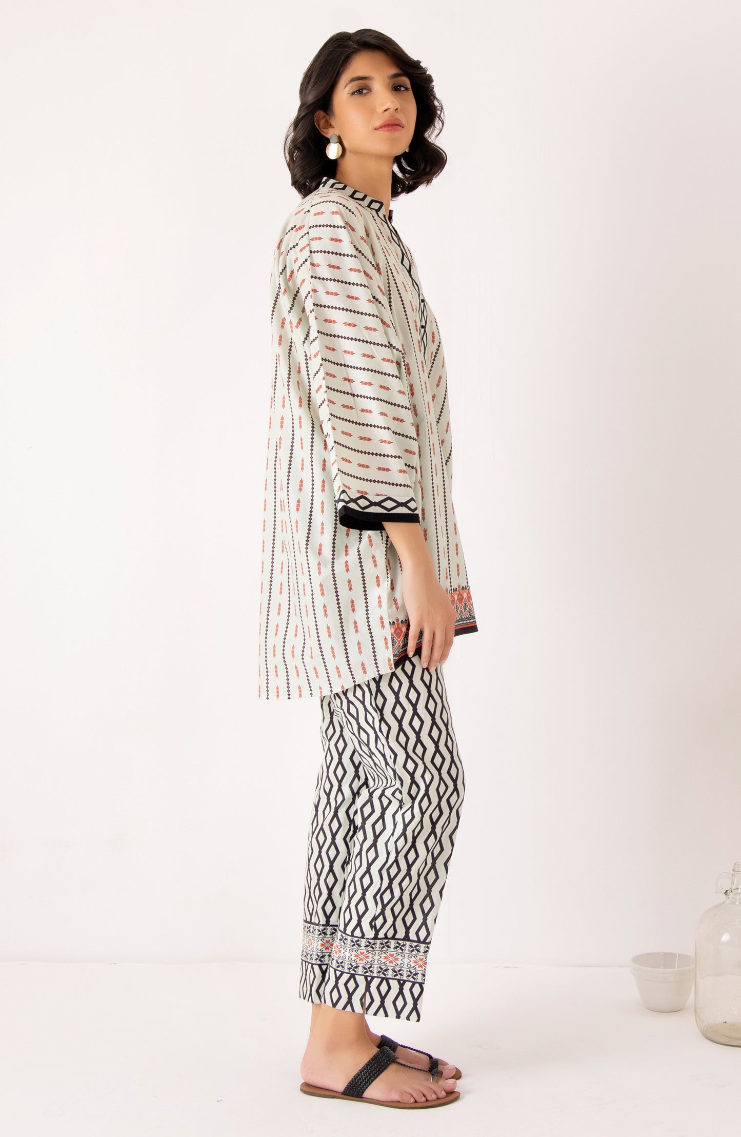 Stitched 2 Piece Printed Cambric Shirt and Cambric Pant (NRDO-044/S CREME)