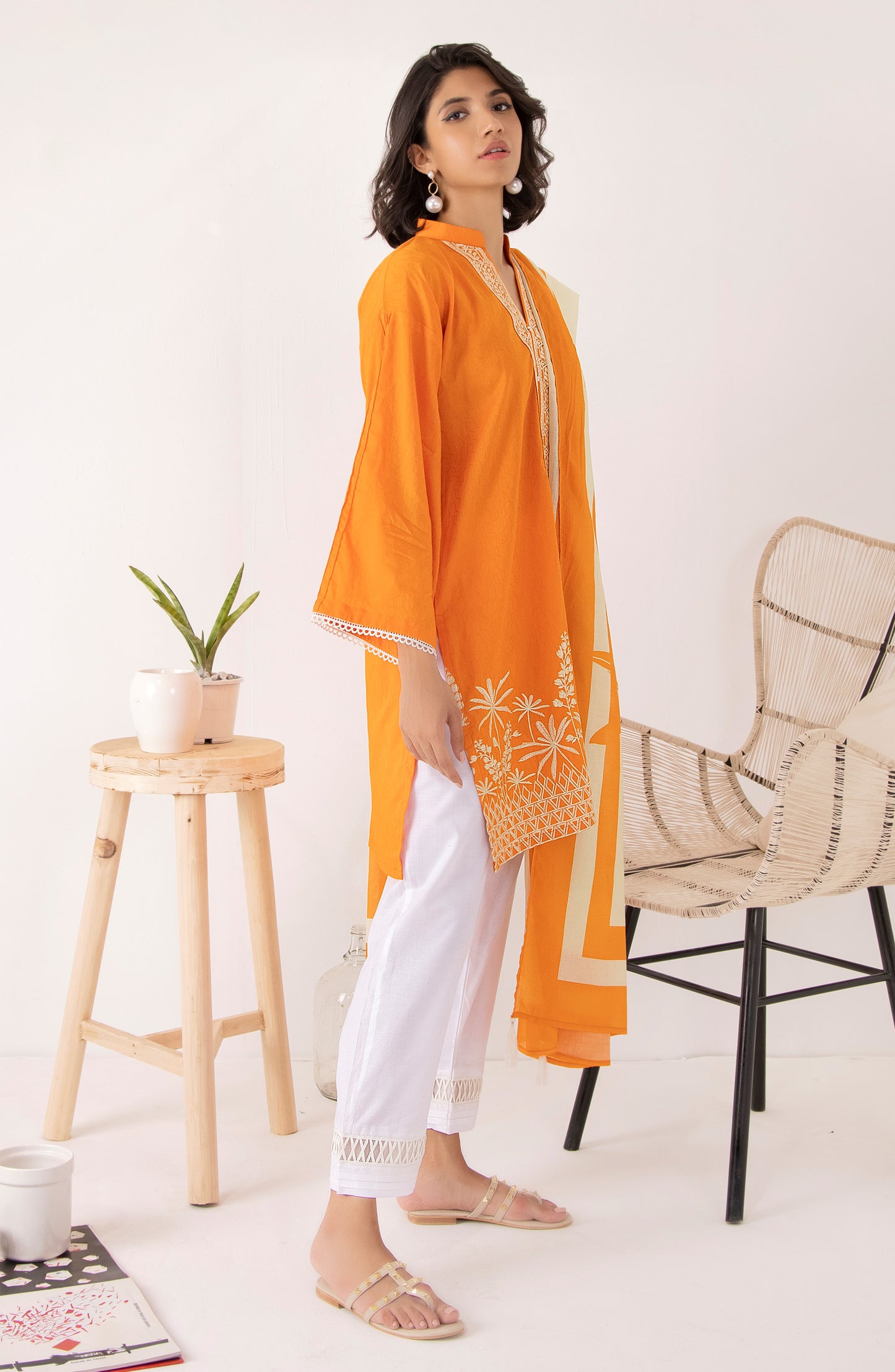 Stitched 2 Piece Embroidered Jacquard Shirt and Lawn Dupatta