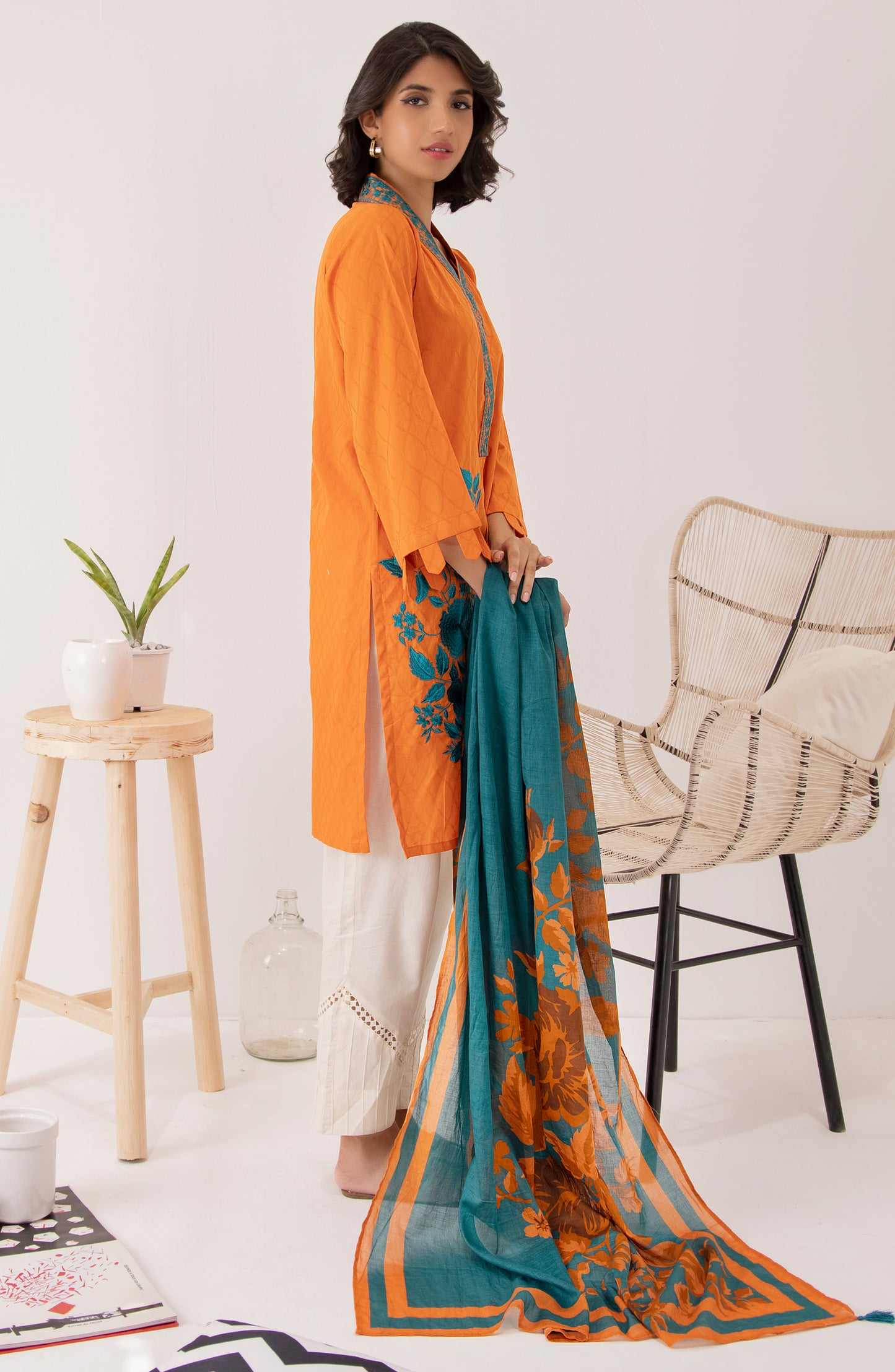 Stitched 2 Piece Embroidered Jacquard Shirt and Lawn Dupatta