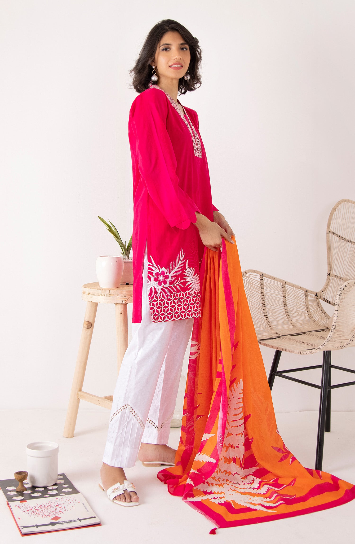 Stitched 2 Piece Embroidered Jacquard Shirt and Lawn Dupatta (NRDS-203/S PINK)