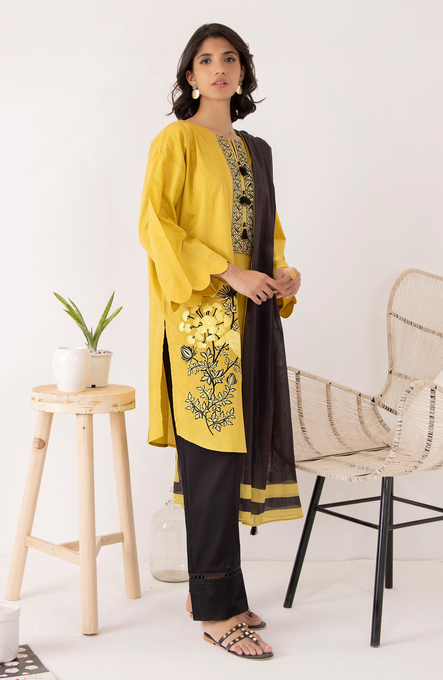 Stitched 2 Piece Embroidered Jacquard Shirt and Lawn Dupatta