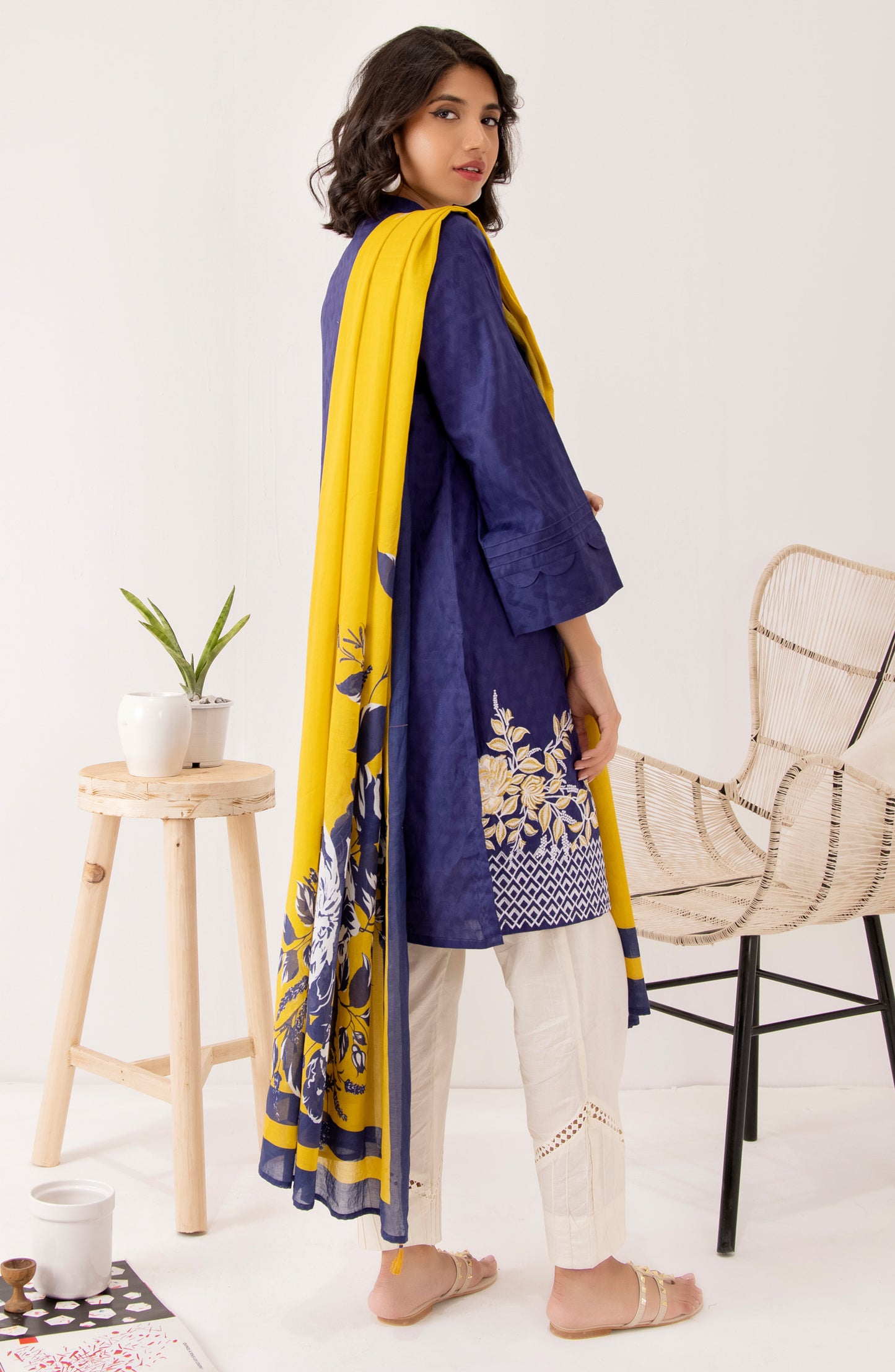 Stitched 2 Piece Embroidered Jacquard Shirt and Lawn Dupatta