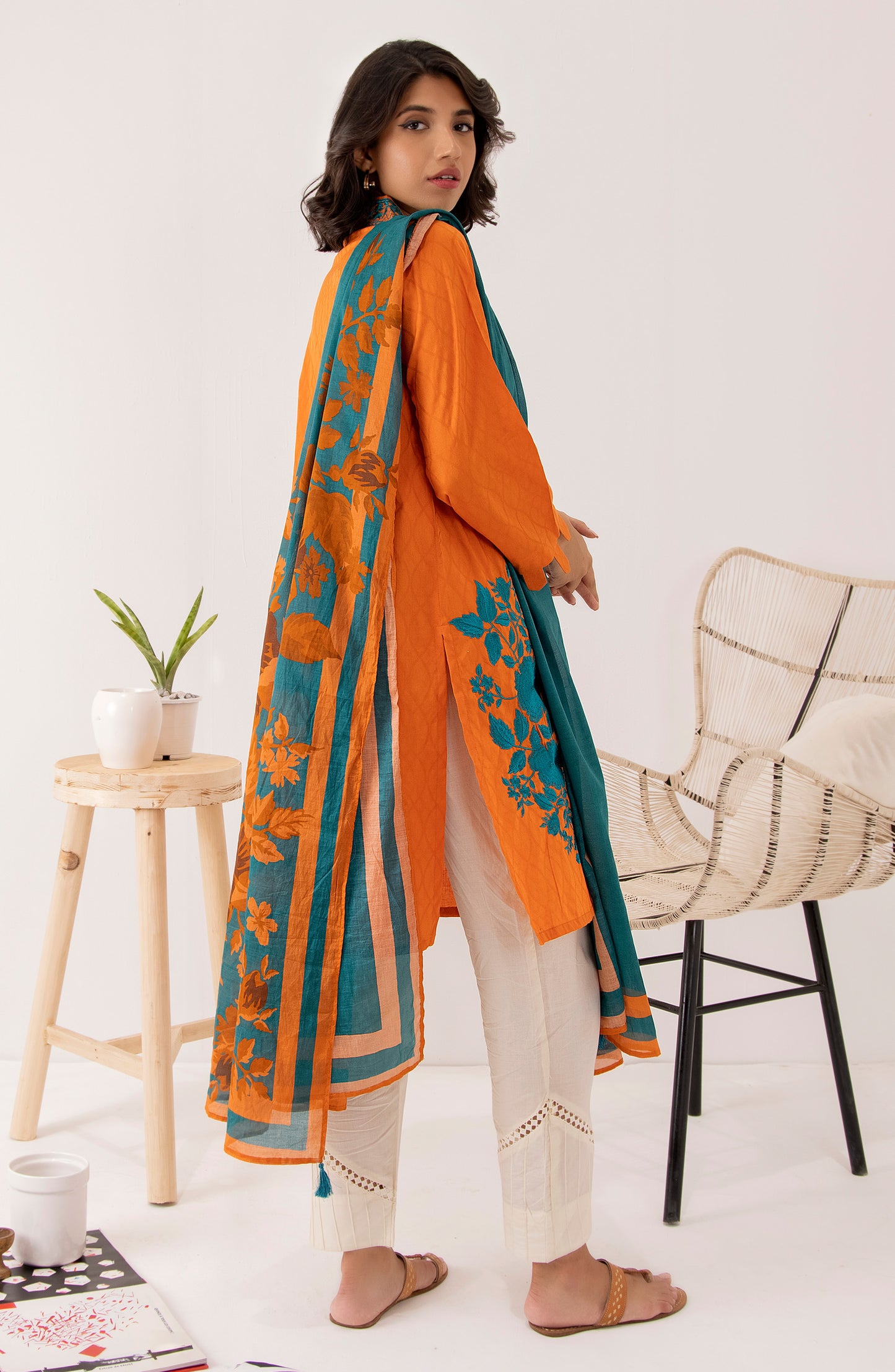 Stitched 2 Piece Embroidered Jacquard Shirt and Lawn Dupatta