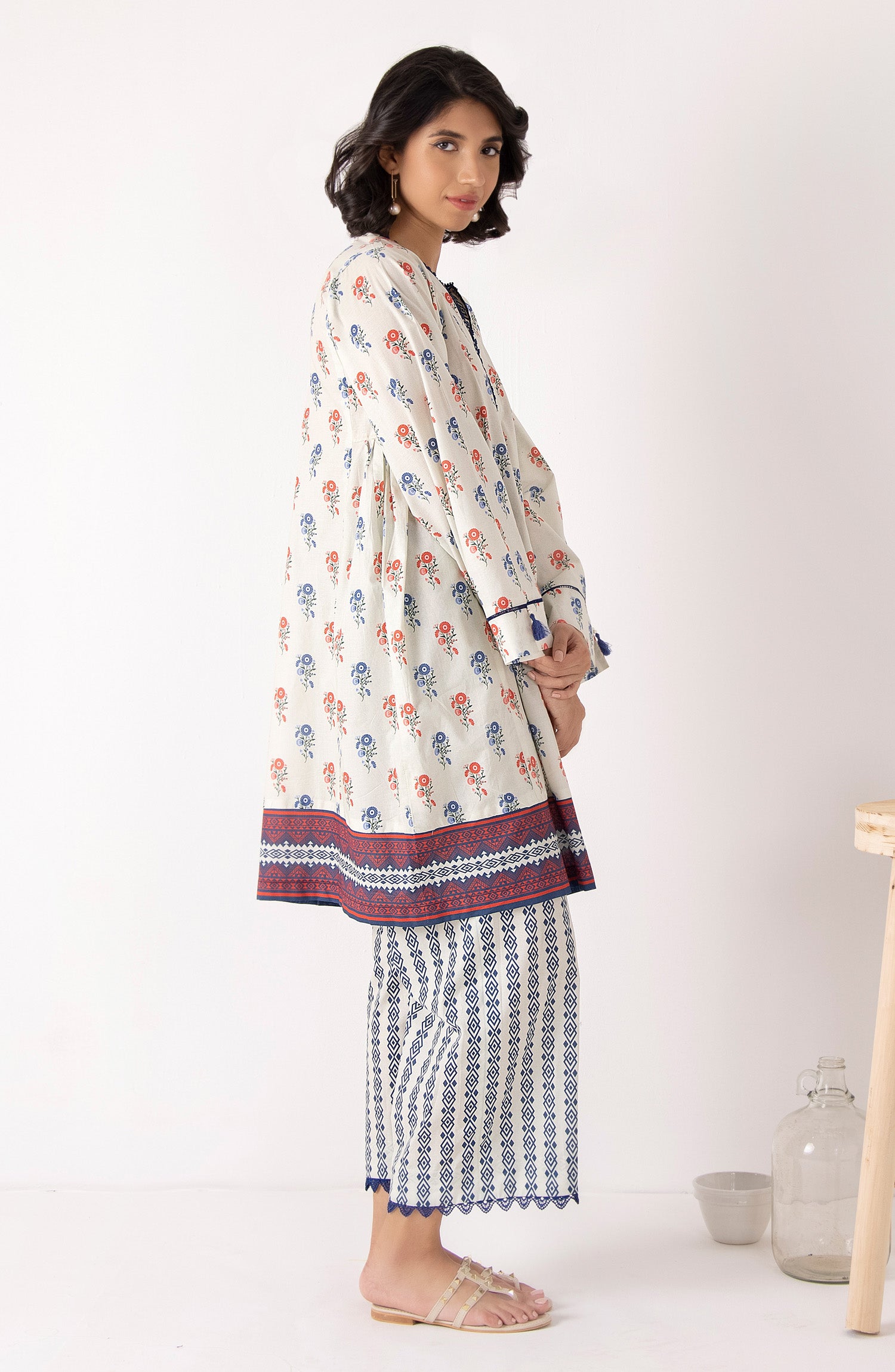 Stitched 2 Piece Printed Cambric Shirt and Cambric Pant (NRDO-046/S CREME)