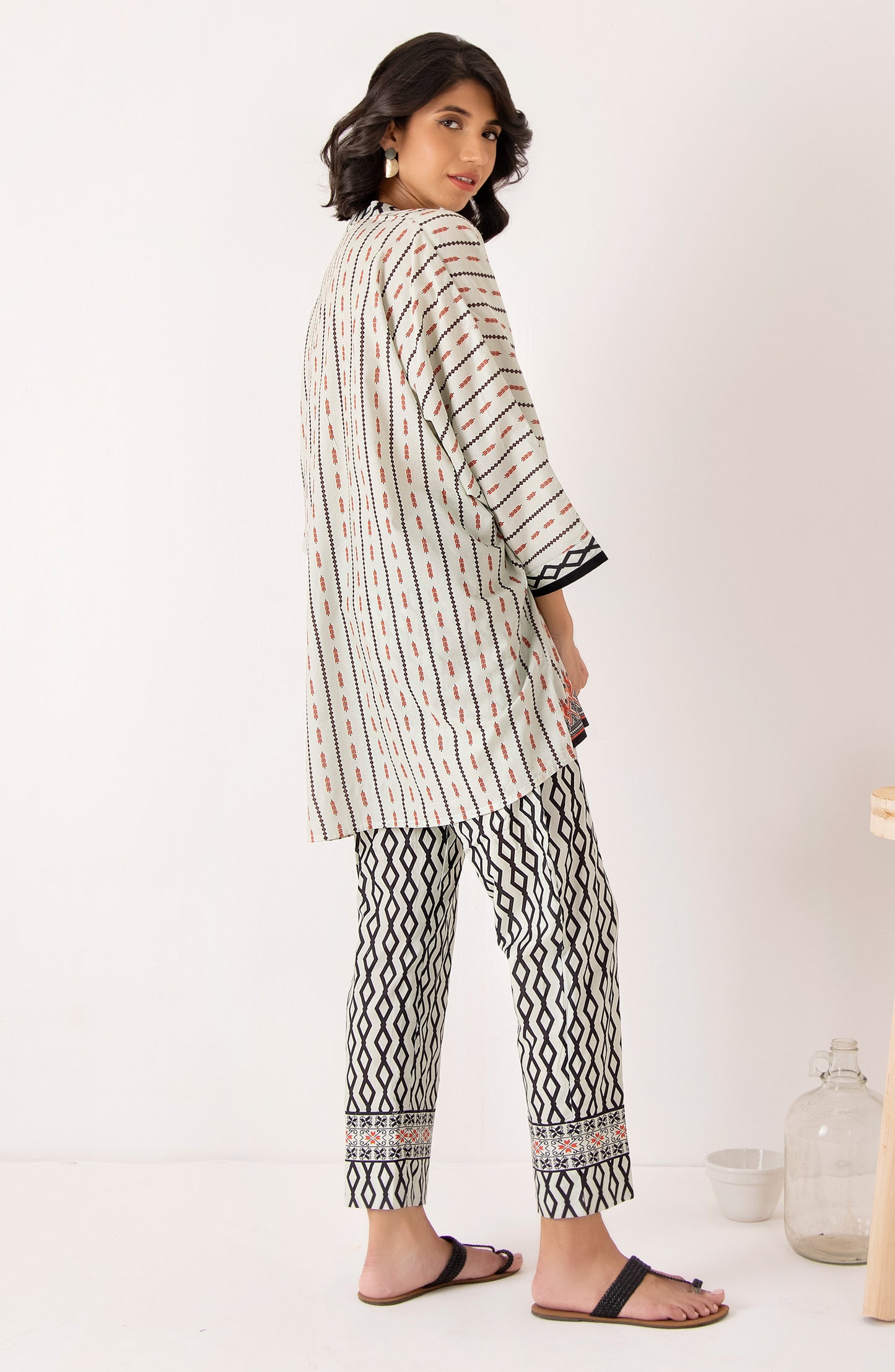 Stitched 2 Piece Printed Cambric Shirt and Cambric Pant (NRDO-044/S CREME)
