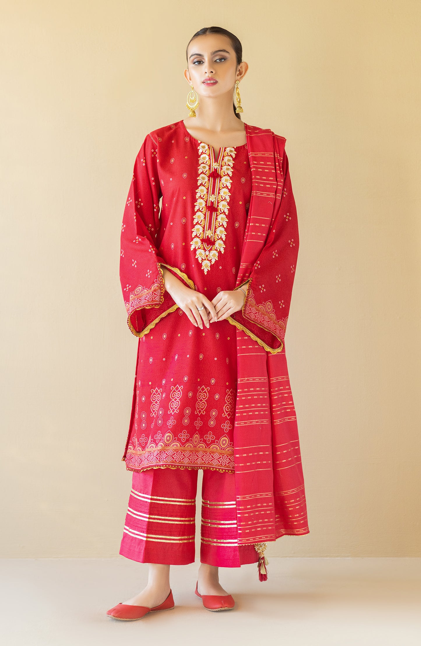 OTL-22-087/U RED KARANDI  UNSTITCHED SHIRT DUPATTA PANTS