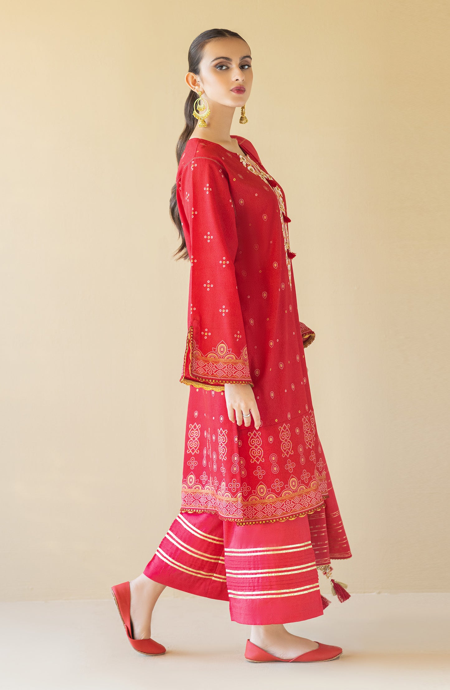 OTL-22-087/U RED KARANDI  UNSTITCHED SHIRT DUPATTA PANTS