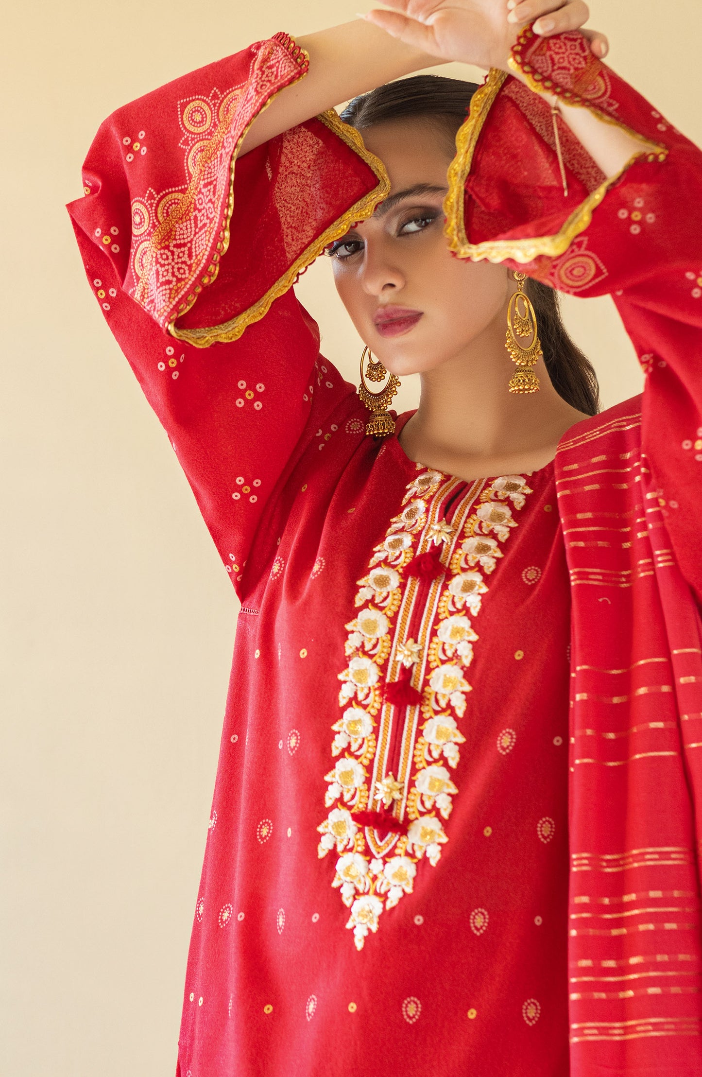 OTL-22-087/U RED KARANDI  UNSTITCHED SHIRT DUPATTA PANTS