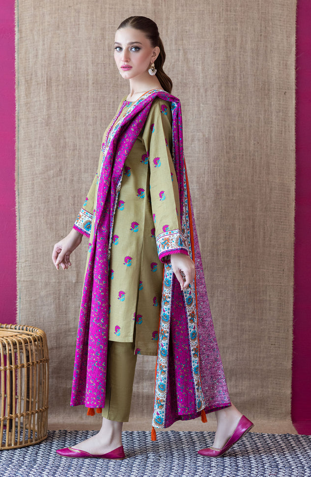OTL-22-234/U BEIGE KHADDAR  UNSTITCHED SHIRT DUPATTA PANTS