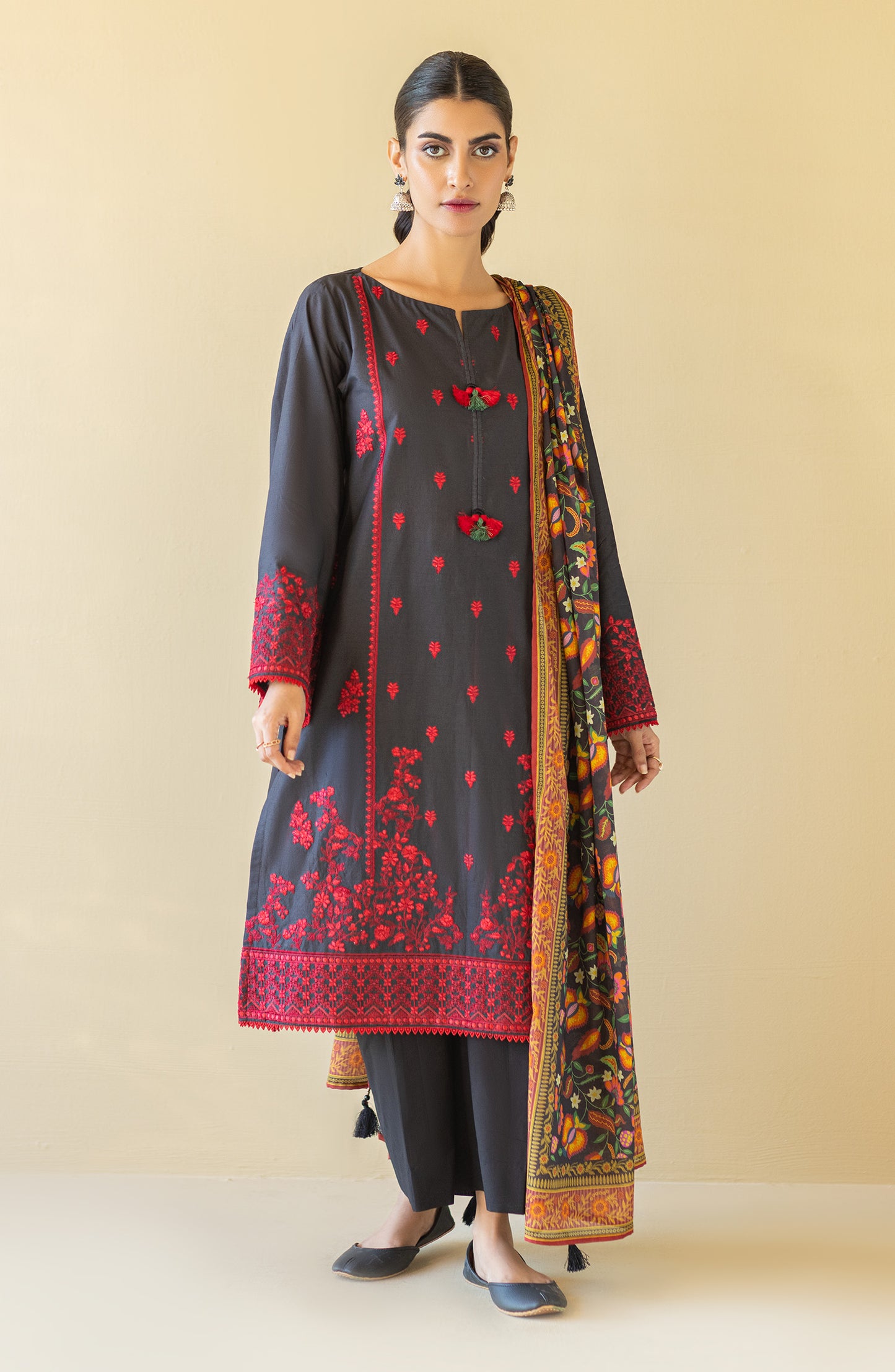 OTL-22-213/U Black CAMBRIC  UNSTITCHED SHIRT DUPATTA PANTS
