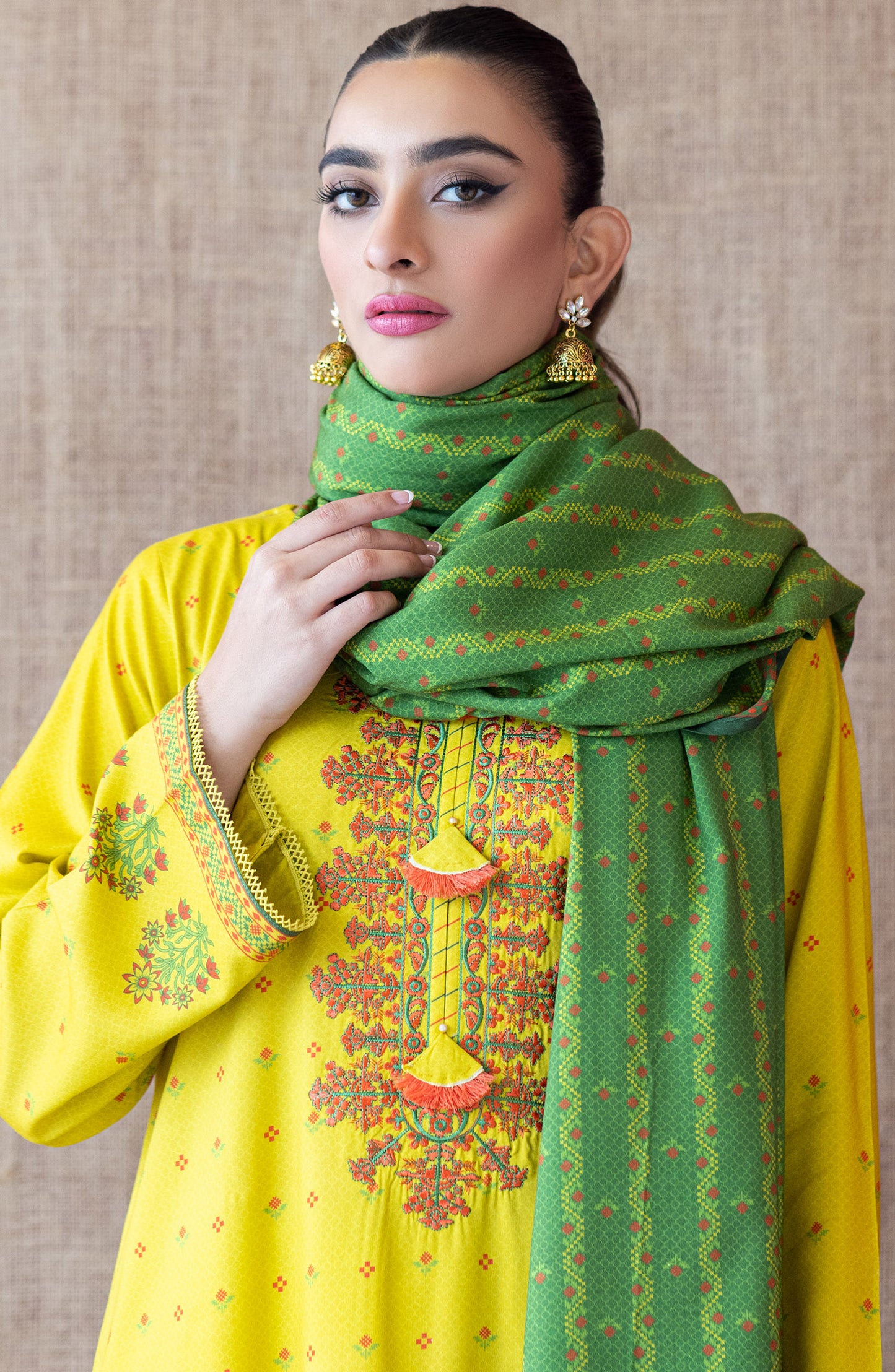 OTL-22-159/U YELLOW LINEN  UNSTITCHED SHIRT DUPATTA PANTS