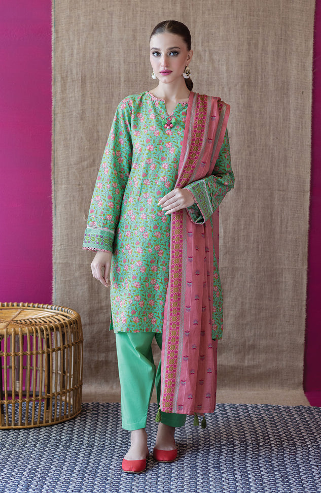 OTL-22-200/U GREEN CAMBRIC  UNSTITCHED SHIRT DUPATTA PANTS