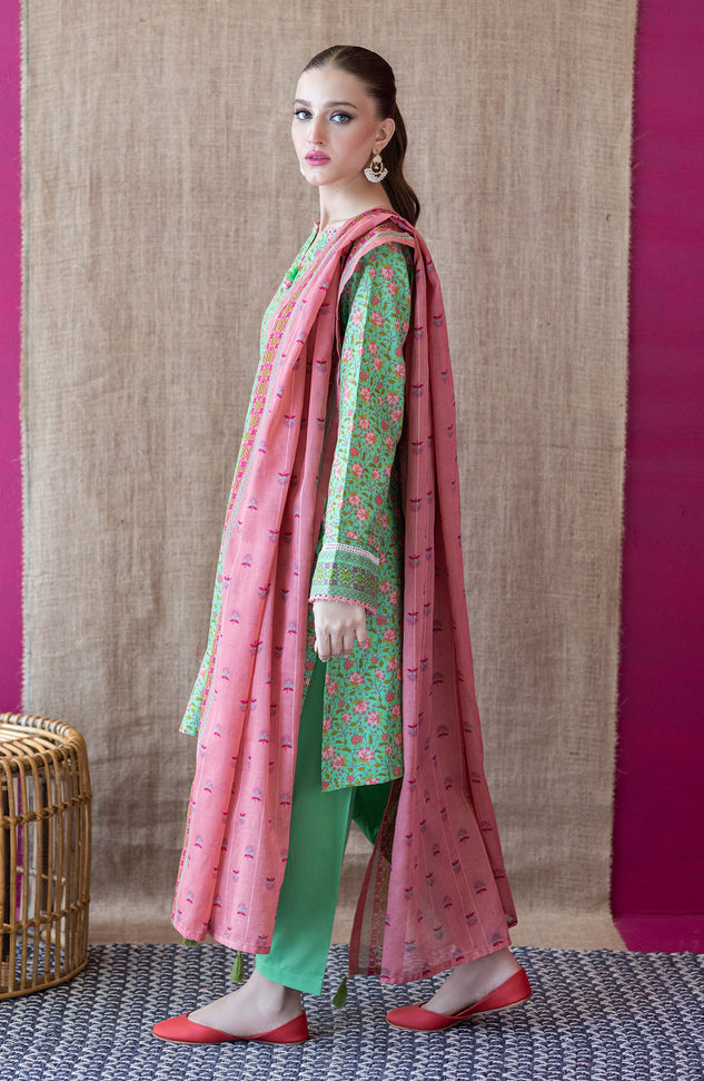 OTL-22-200/U GREEN CAMBRIC  UNSTITCHED SHIRT DUPATTA PANTS