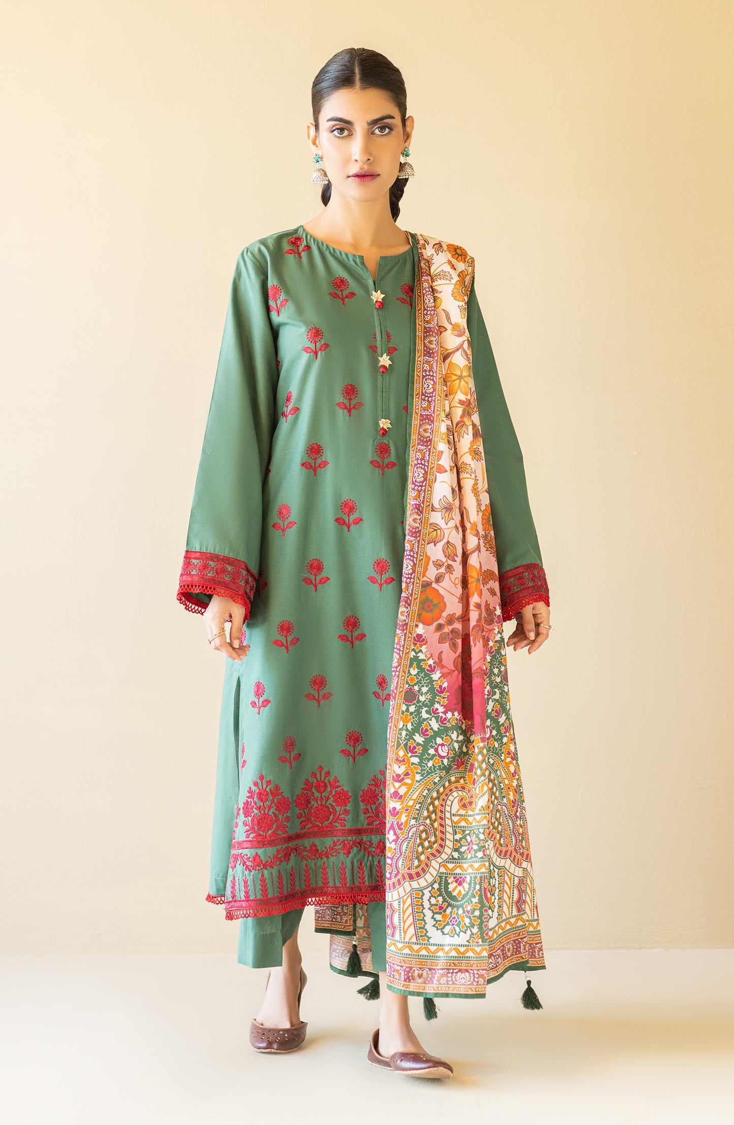 OTL-22-210/U GREEN CAMBRIC  UNSTITCHED SHIRT DUPATTA PANTS
