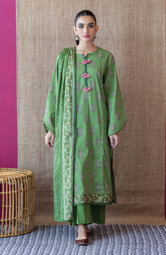 OTL-22-204/U GREEN CAMBRIC  UNSTITCHED SHIRT DUPATTA PANTS