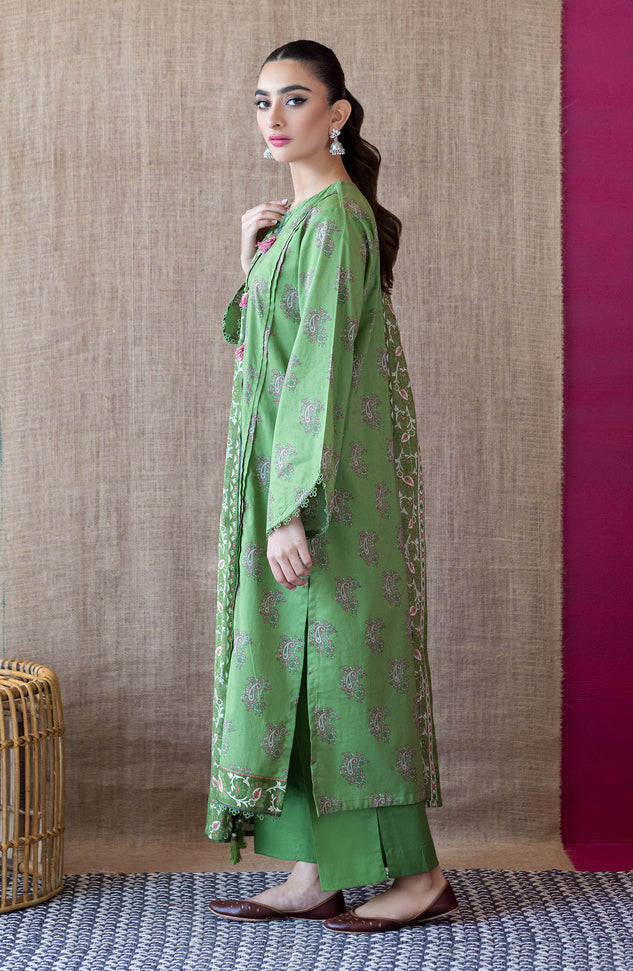 OTL-22-204/U GREEN CAMBRIC  UNSTITCHED SHIRT DUPATTA PANTS
