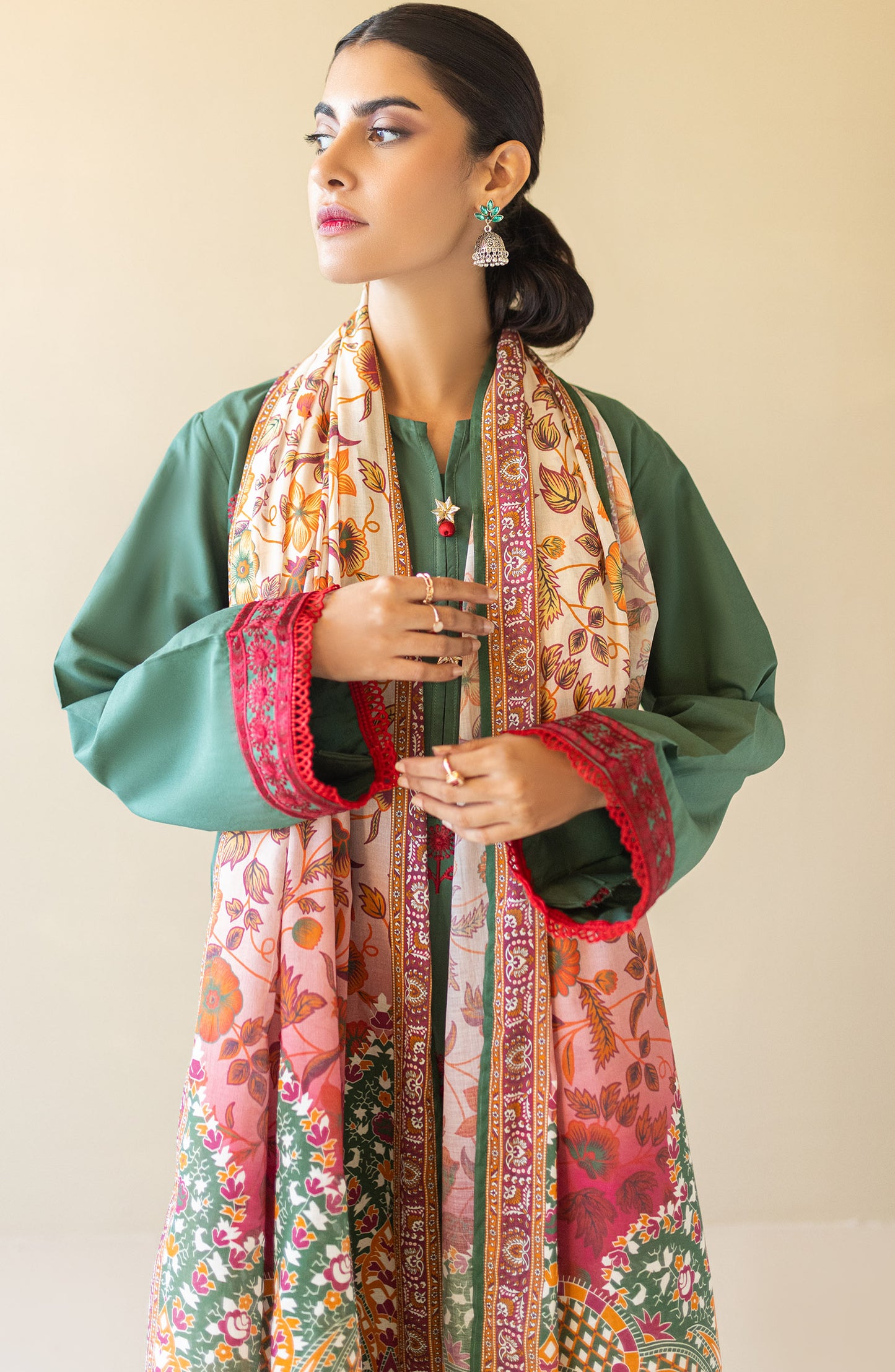 OTL-22-210/U GREEN CAMBRIC  UNSTITCHED SHIRT DUPATTA PANTS