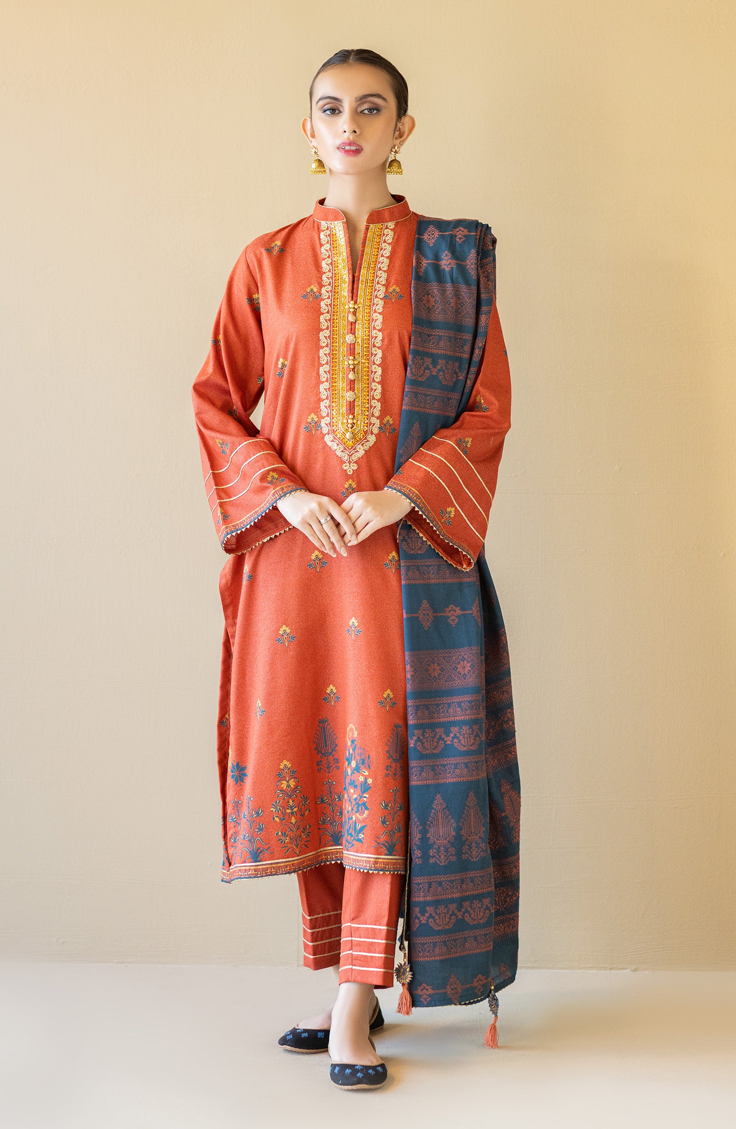 OTL-22-064/U ORANGE KARANDI  UNSTITCHED SHIRT DUPATTA PANTS
