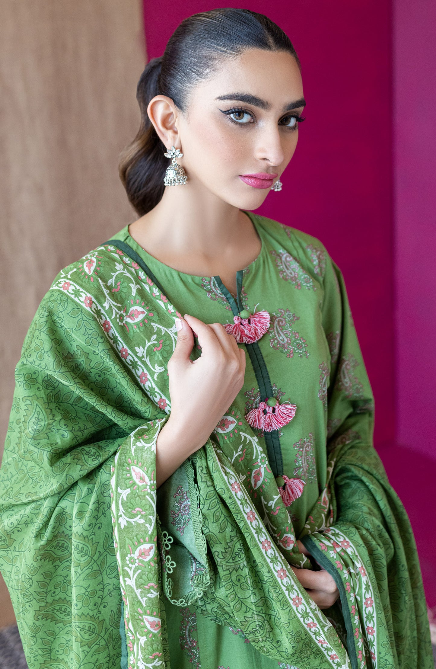 OTL-22-204/U GREEN CAMBRIC  UNSTITCHED SHIRT DUPATTA PANTS