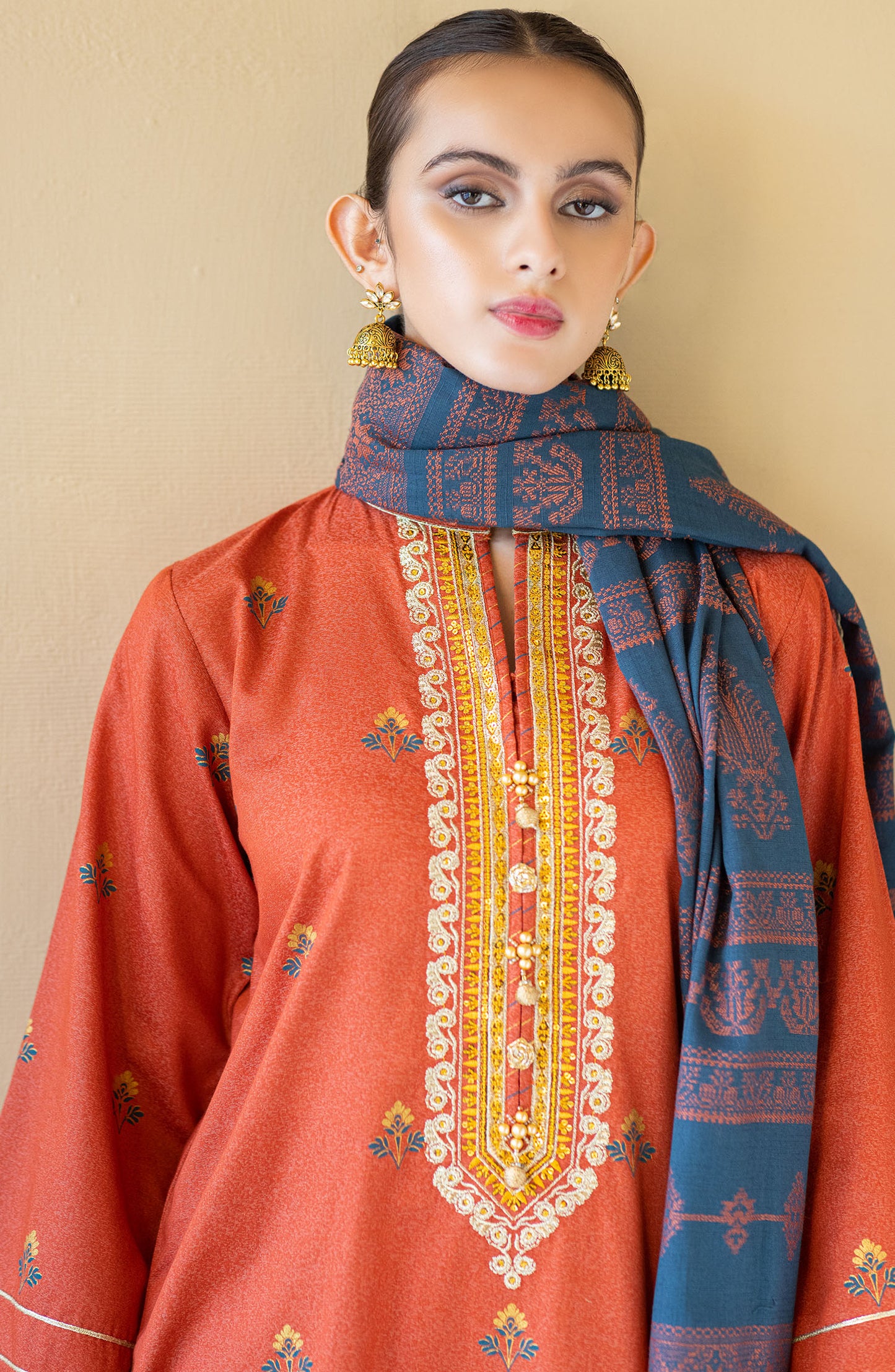 OTL-22-064/U ORANGE KARANDI  UNSTITCHED SHIRT DUPATTA PANTS