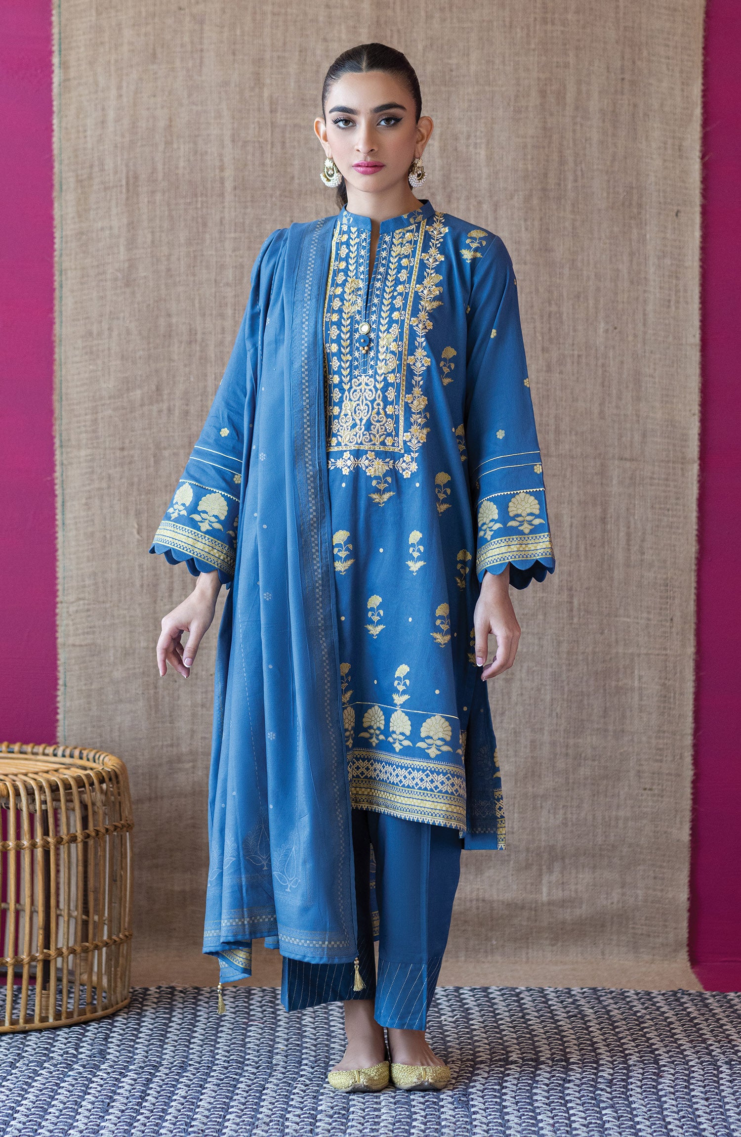 OTL-22-166/U BLUE COTTEL  UNSTITCHED SHIRT DUPATTA PANTS