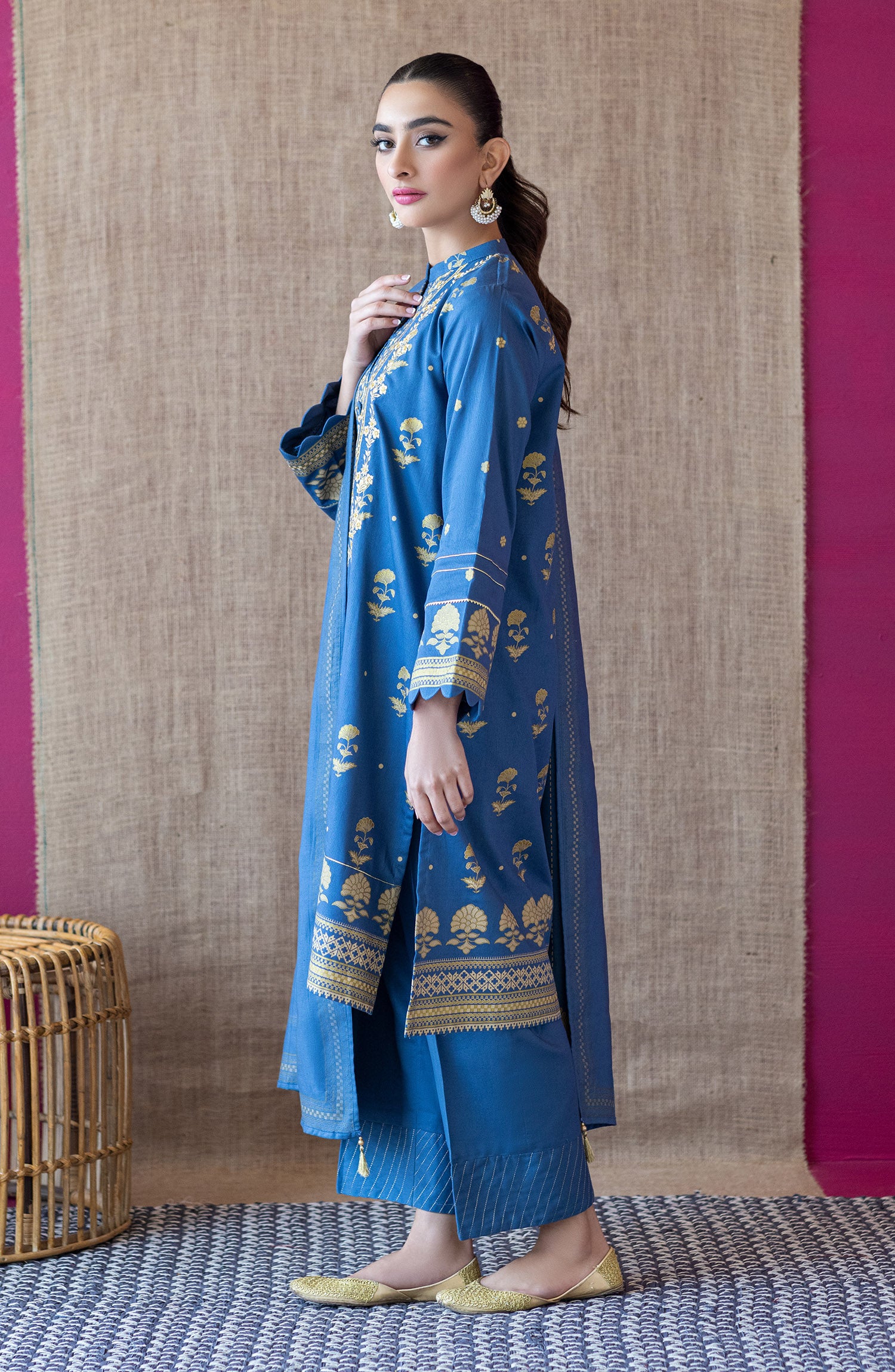 OTL-22-166/U BLUE COTTEL  UNSTITCHED SHIRT DUPATTA PANTS