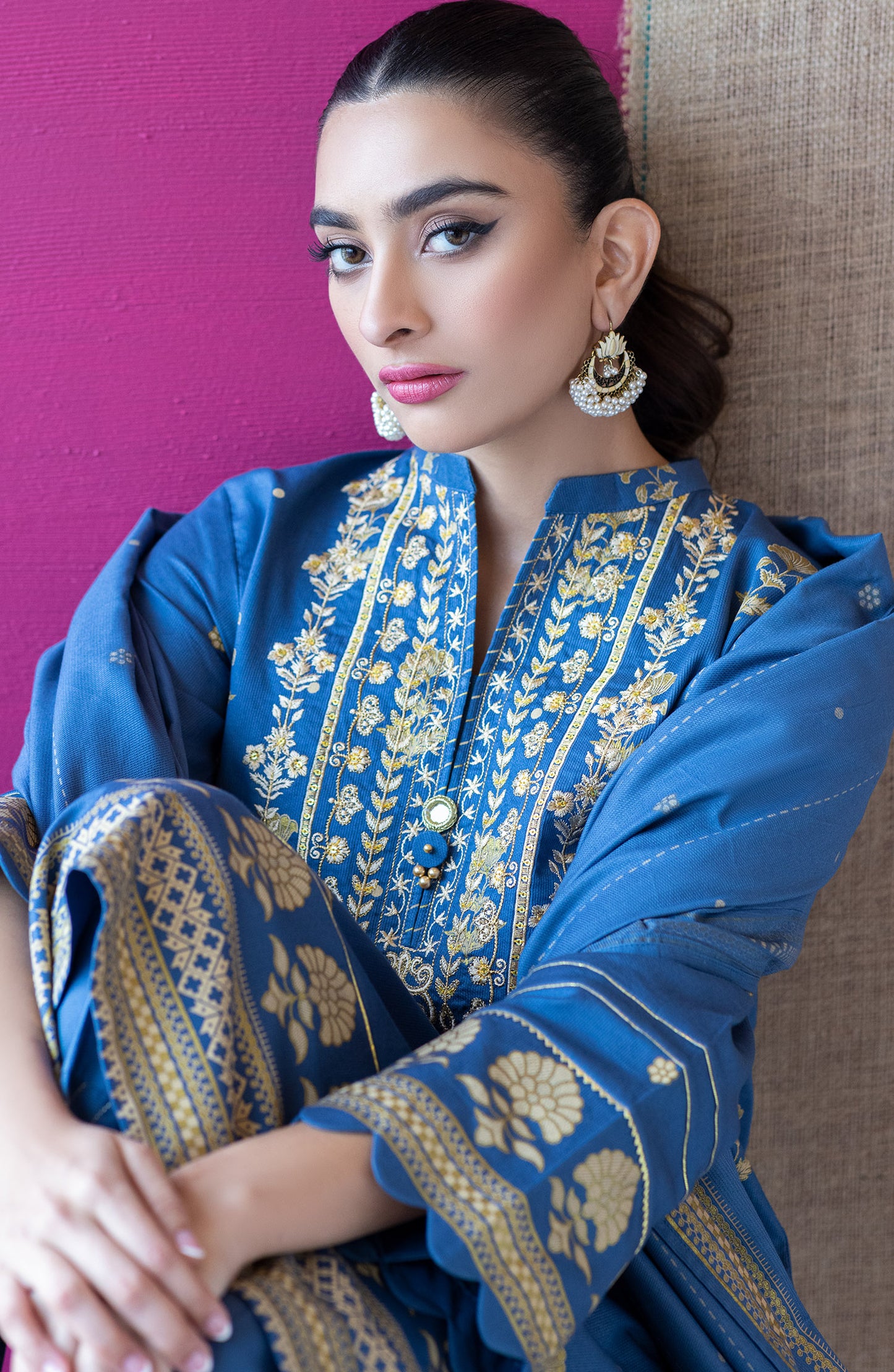 OTL-22-166/U BLUE COTTEL  UNSTITCHED SHIRT DUPATTA PANTS