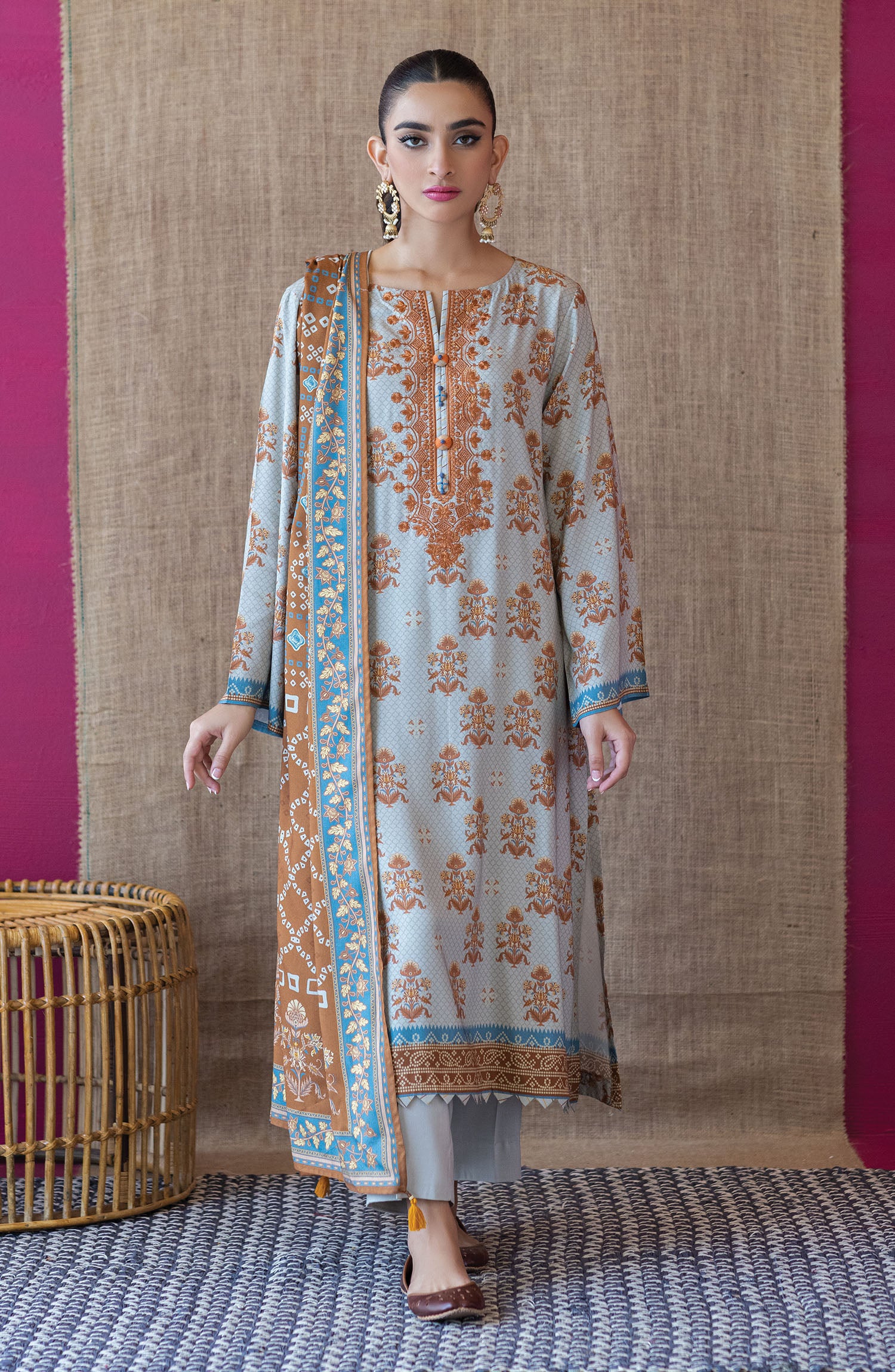 OTL-22-164/U GREY LINEN  UNSTITCHED SHIRT DUPATTA PANTS