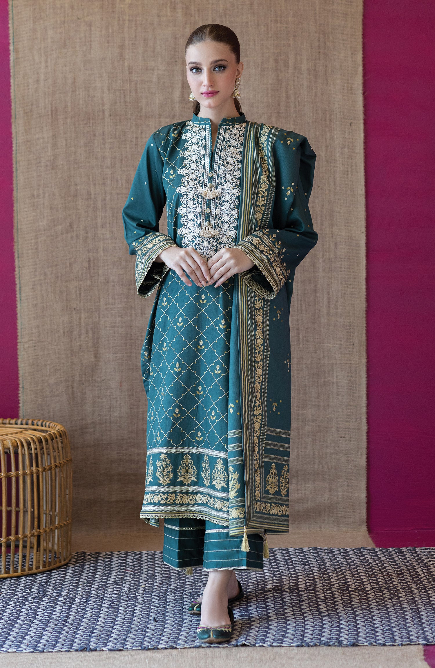 OTL-22-165/U GREEN COTTEL  UNSTITCHED SHIRT DUPATTA PANTS