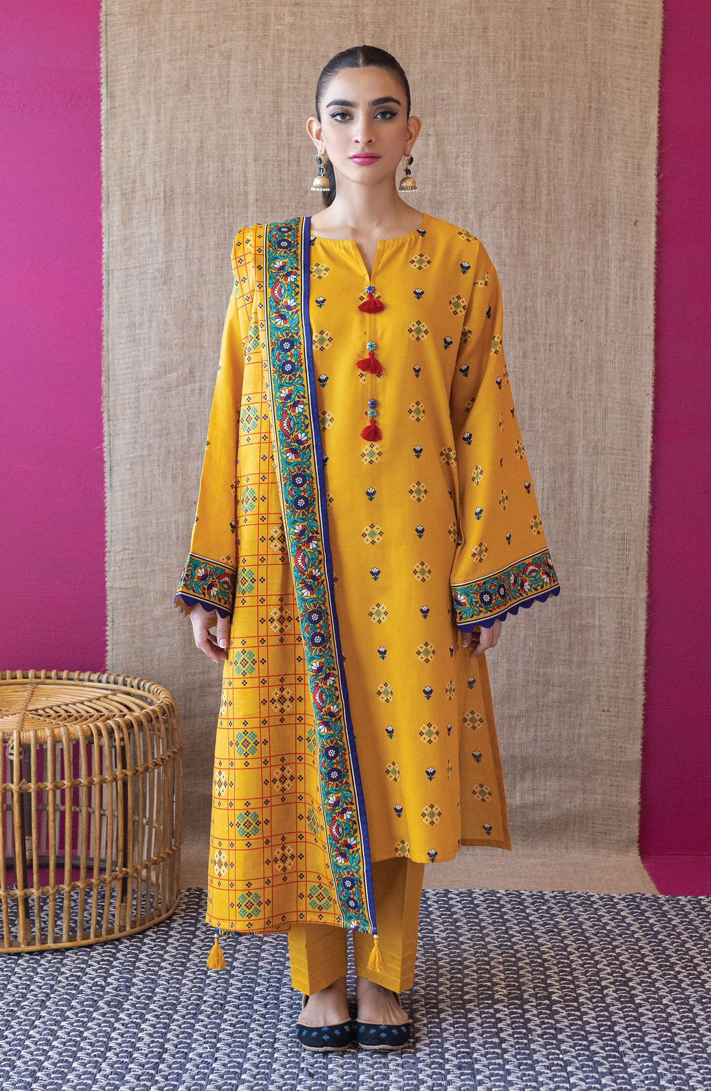 OTL-22-199/U YELLOW COTTEL  UNSTITCHED SHIRT DUPATTA PANTS